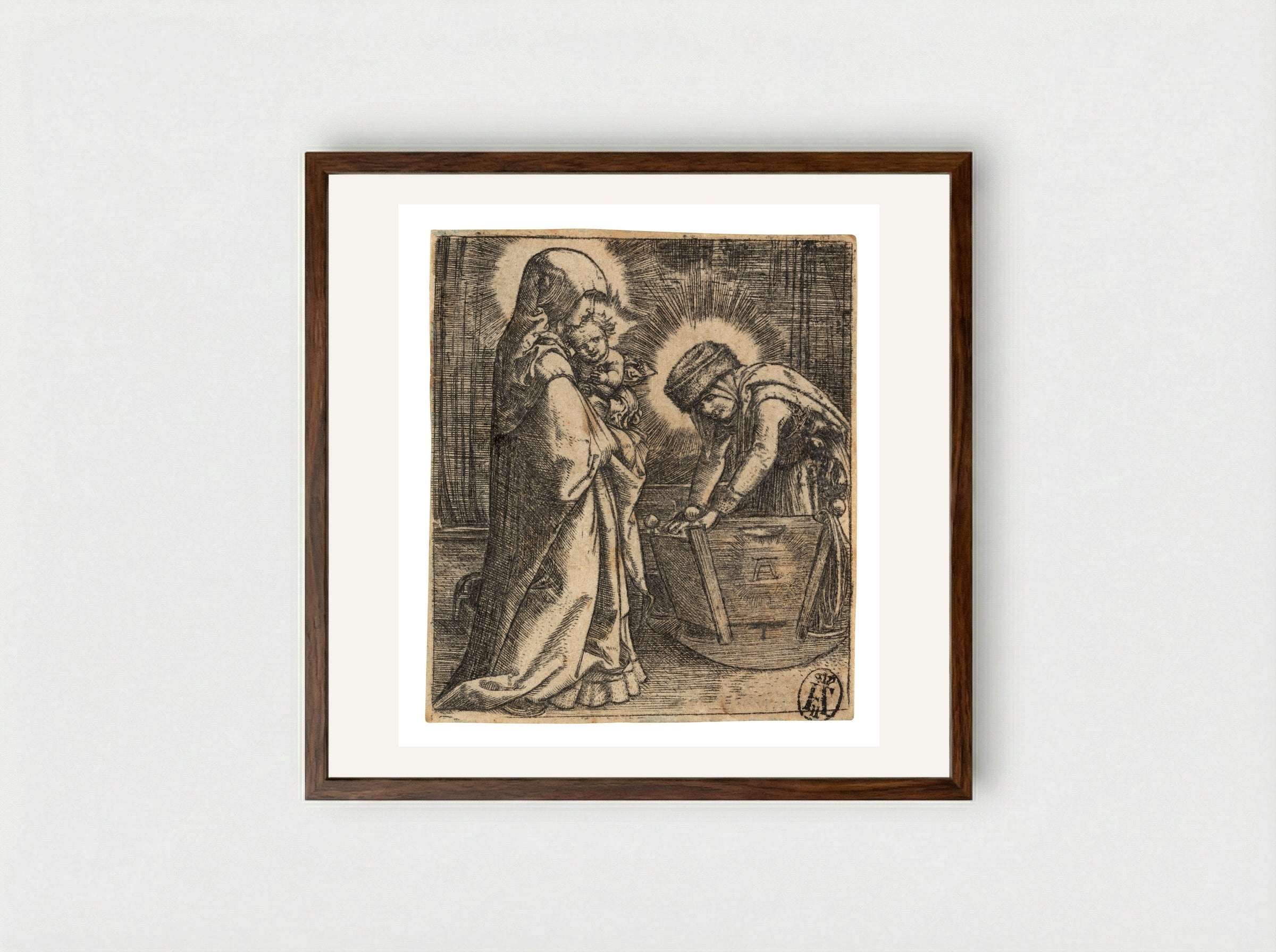 The Virgin and Child with Saint Anne at the Cradle - Albrecht Altdorfer - Framed Print Dark Wood