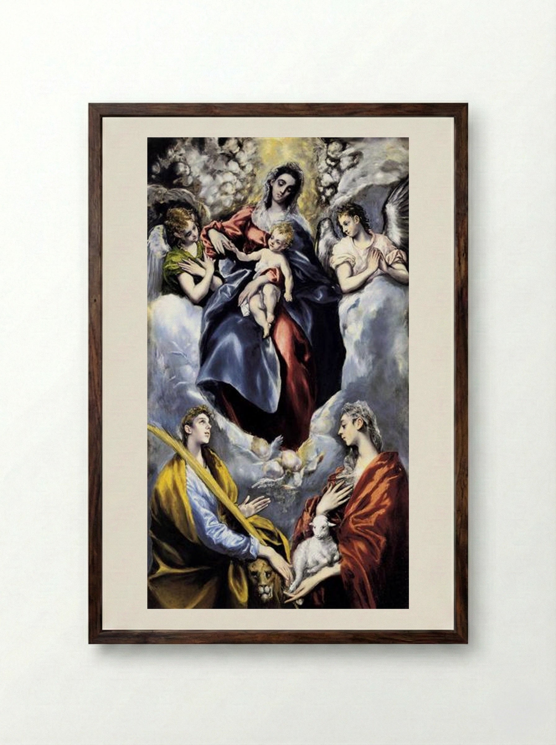 The Virgin and Child with Saint Martina and Saint Agnes - El Greco - Framed Print Dark Wood