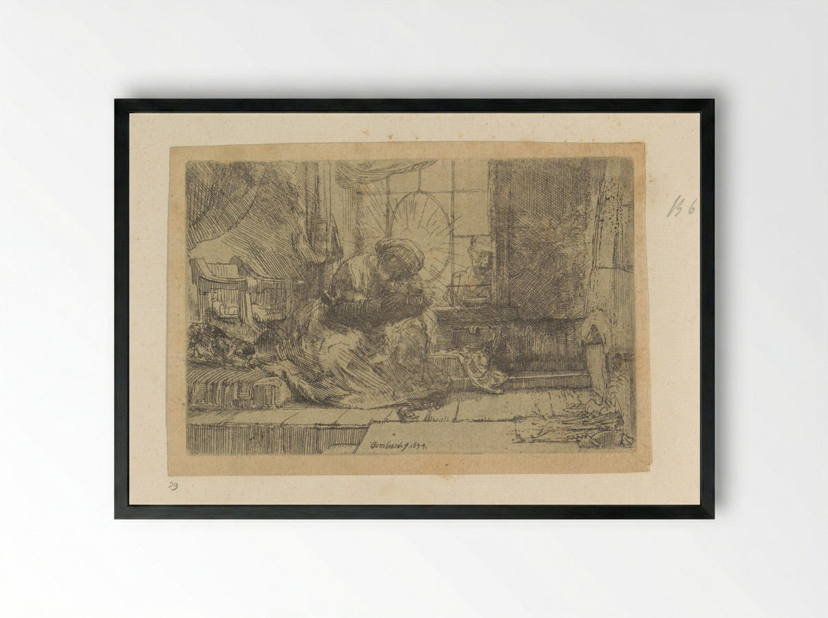 The Virgin and Child with the Cat and Snake - Rembrandt van Rijn - Framed Print Black