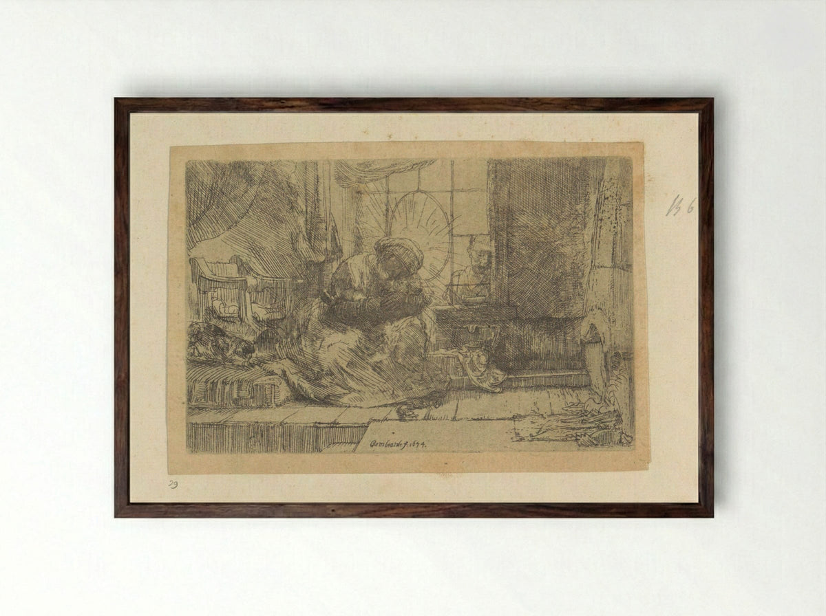The Virgin and Child with the Cat and Snake - Rembrandt van Rijn - Framed Print Dark Wood