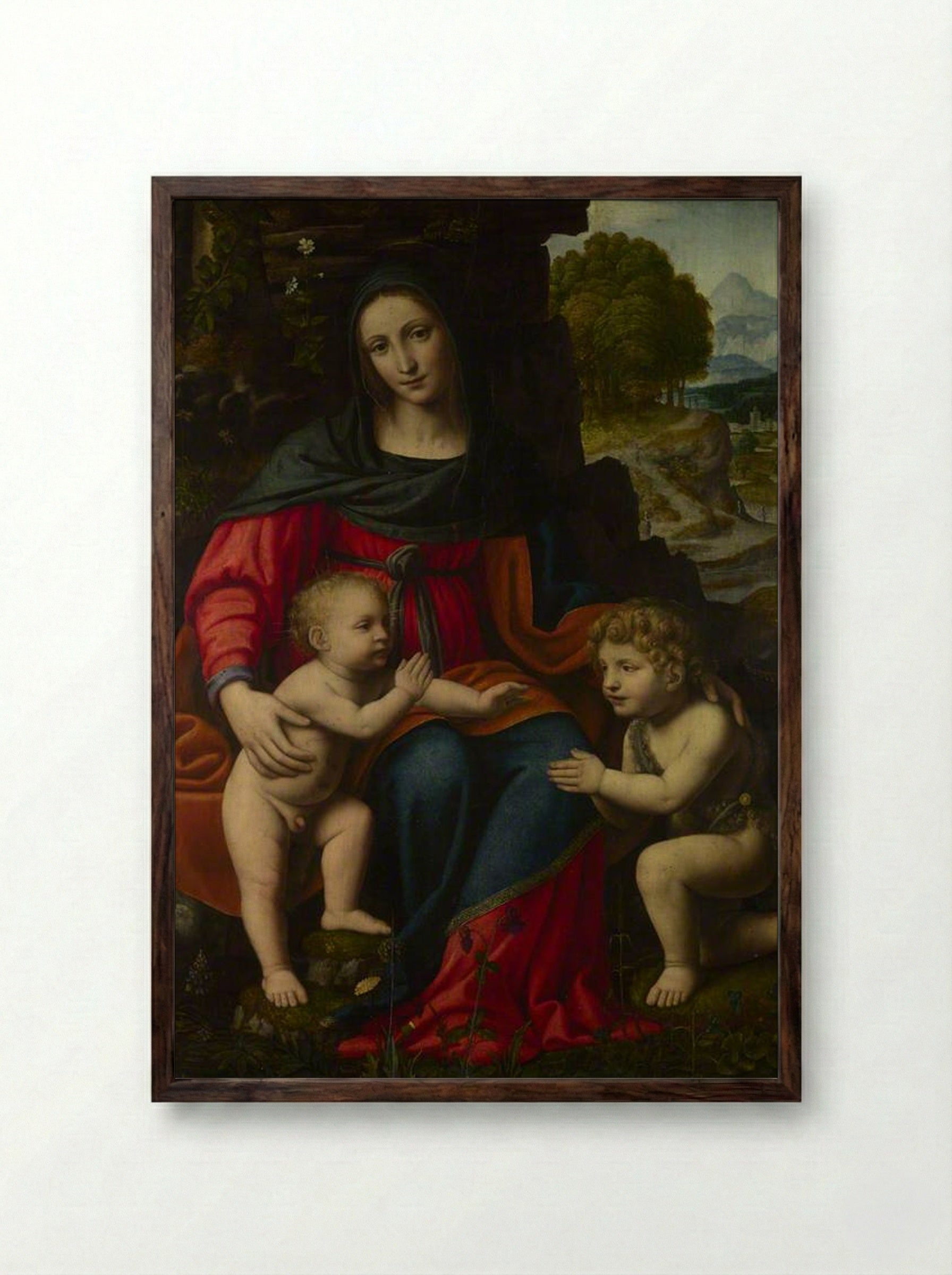 The Virgin and Child with the Infant Saint John the Baptist - Bernardino Luini - Framed Print Dark Wood