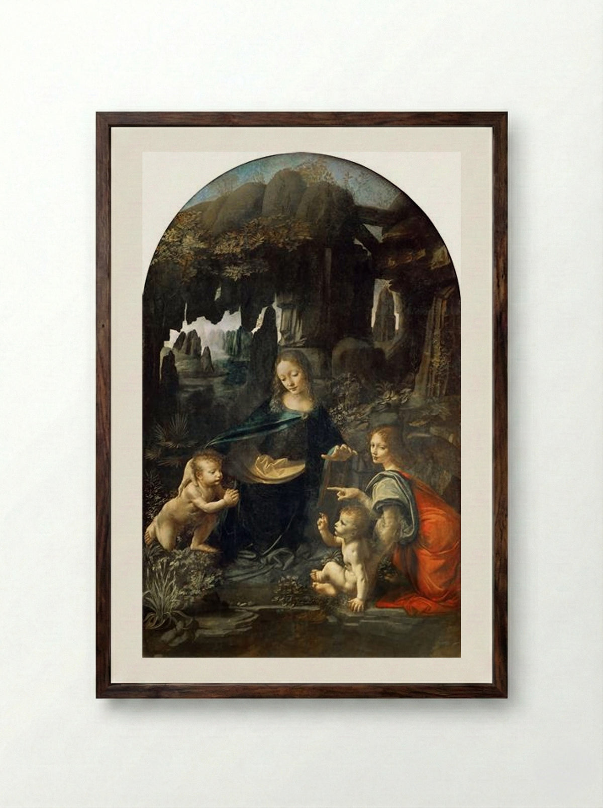 The Virgin of the Rocks - Leonardo da Vinci - Framed Print Dark Wood