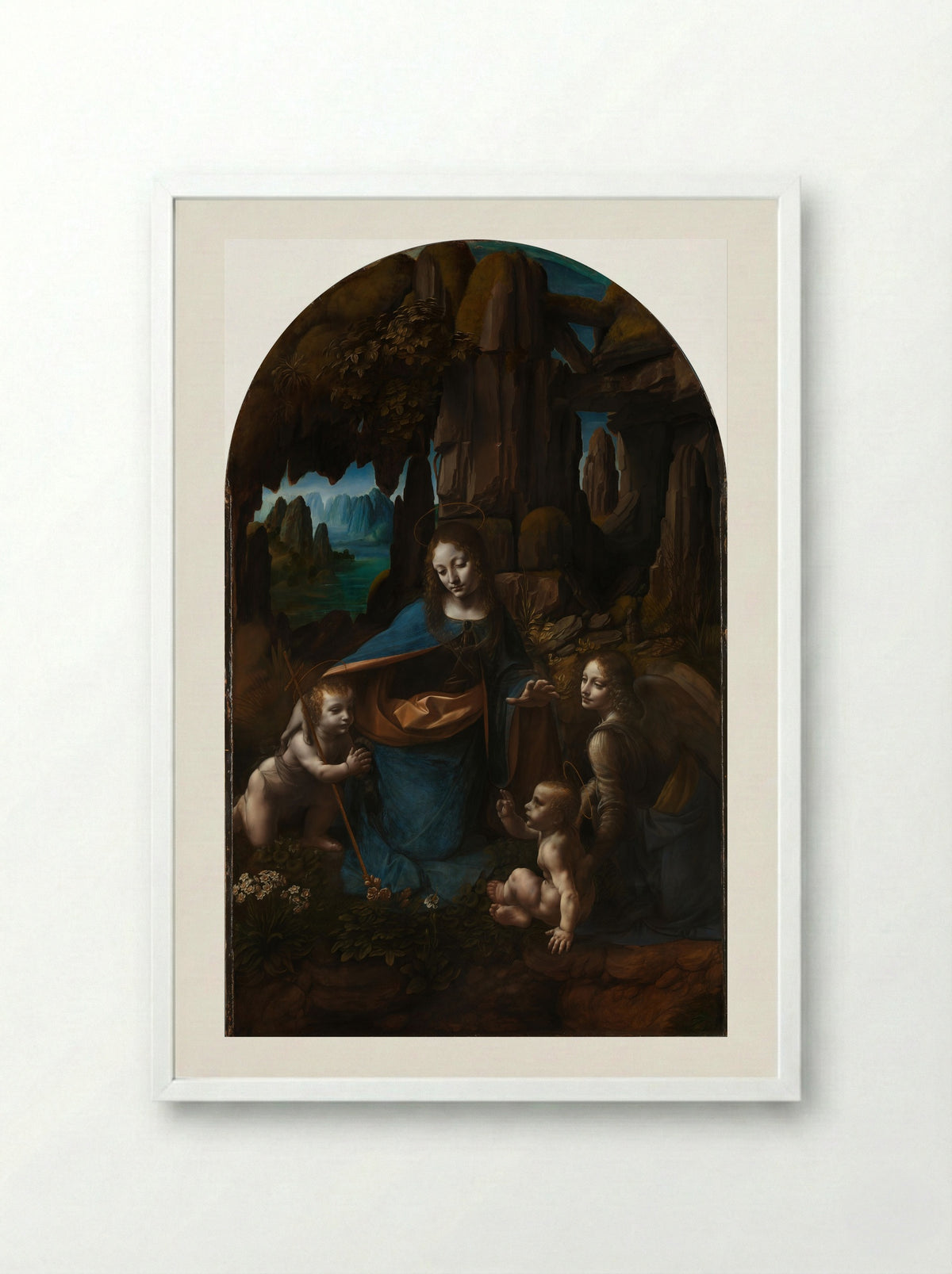 The Virgin of the Rocks - Leonardo da Vinci - Framed Print White