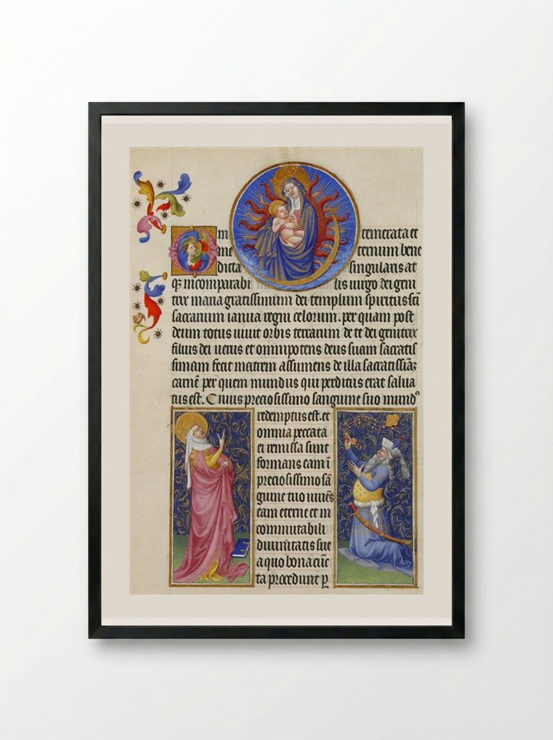 The Virgin, the Sibyl and the Emperor Augustus - Limbourg brothers - Framed Print Black