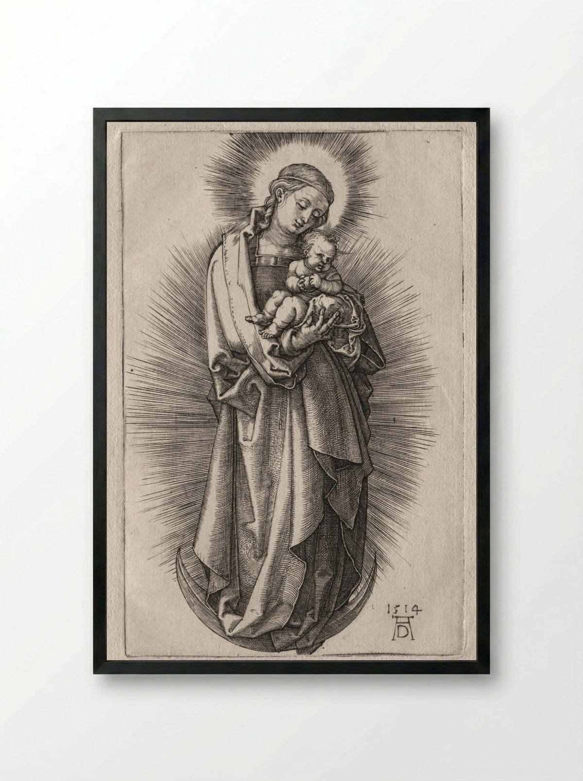 The Virgin with Hairband on a Crescent Moon - Albrecht Dürer - Framed Print Black