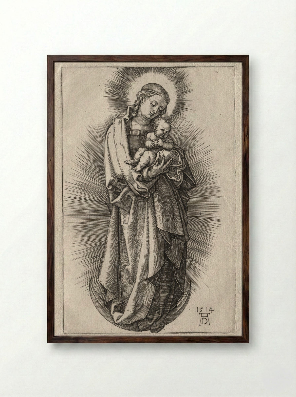 The Virgin with Hairband on a Crescent Moon - Albrecht Dürer - Framed Print Dark Wood