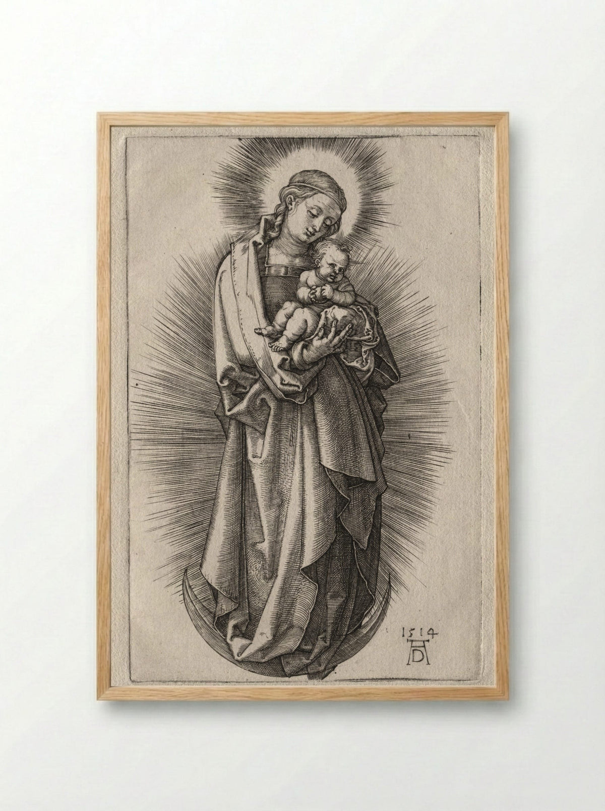 The Virgin with Hairband on a Crescent Moon - Albrecht Dürer - Framed Print Wood