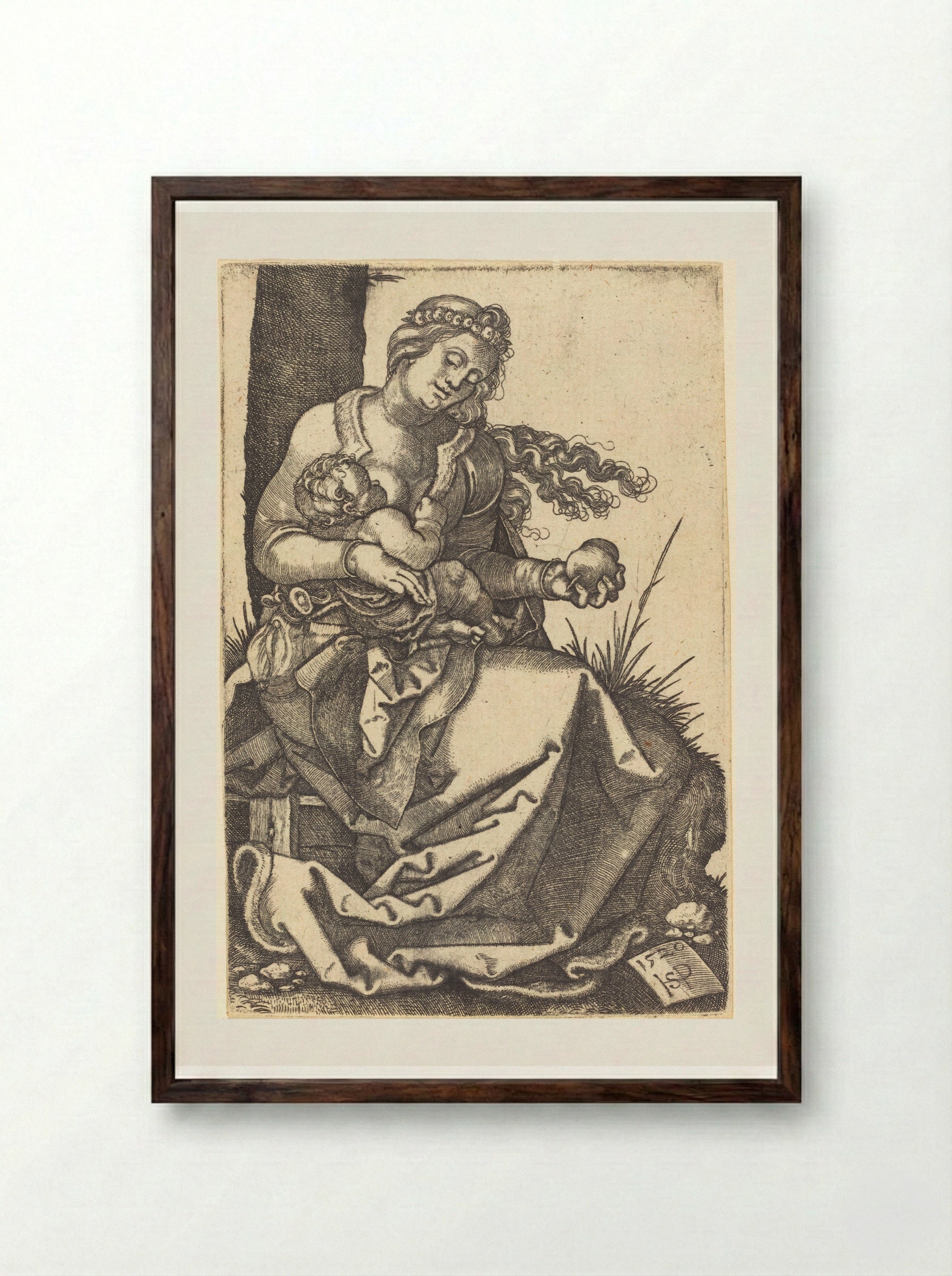 The Virgin with the Pear - Sebald Beham - Framed Print Dark Wood