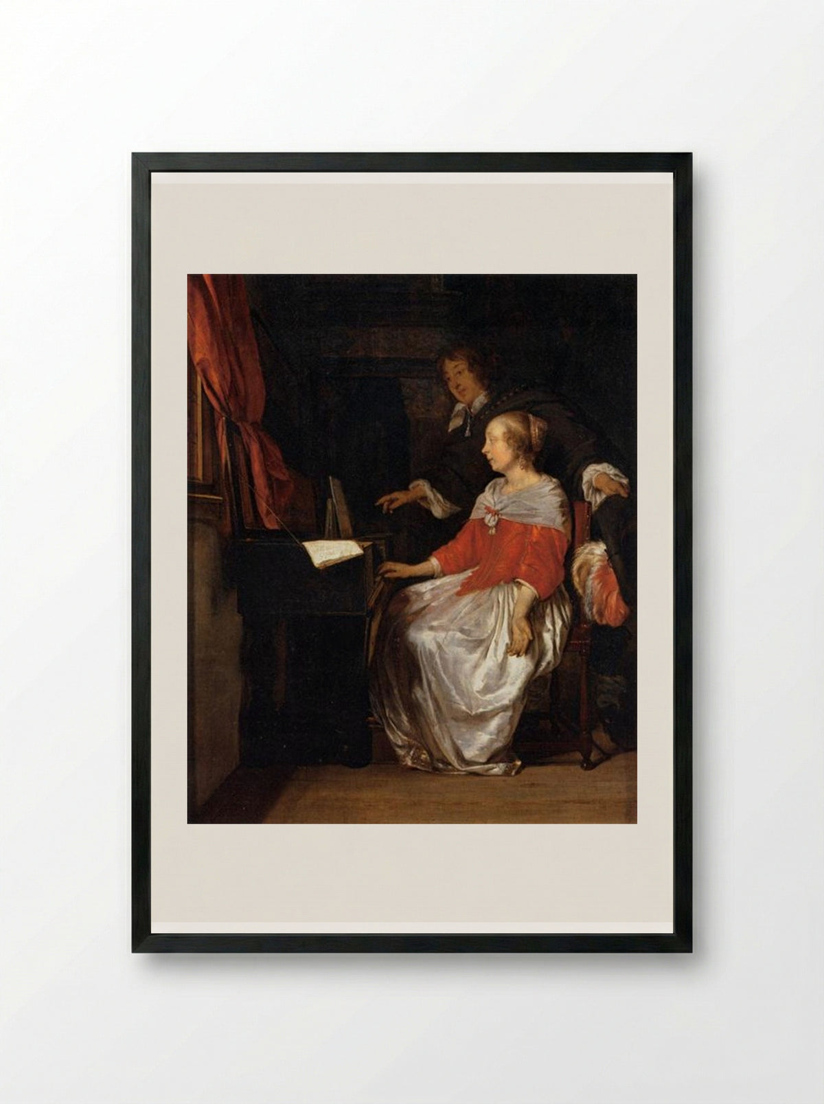 The Virginal Player - Gabriel Metsu - Framed Print Black