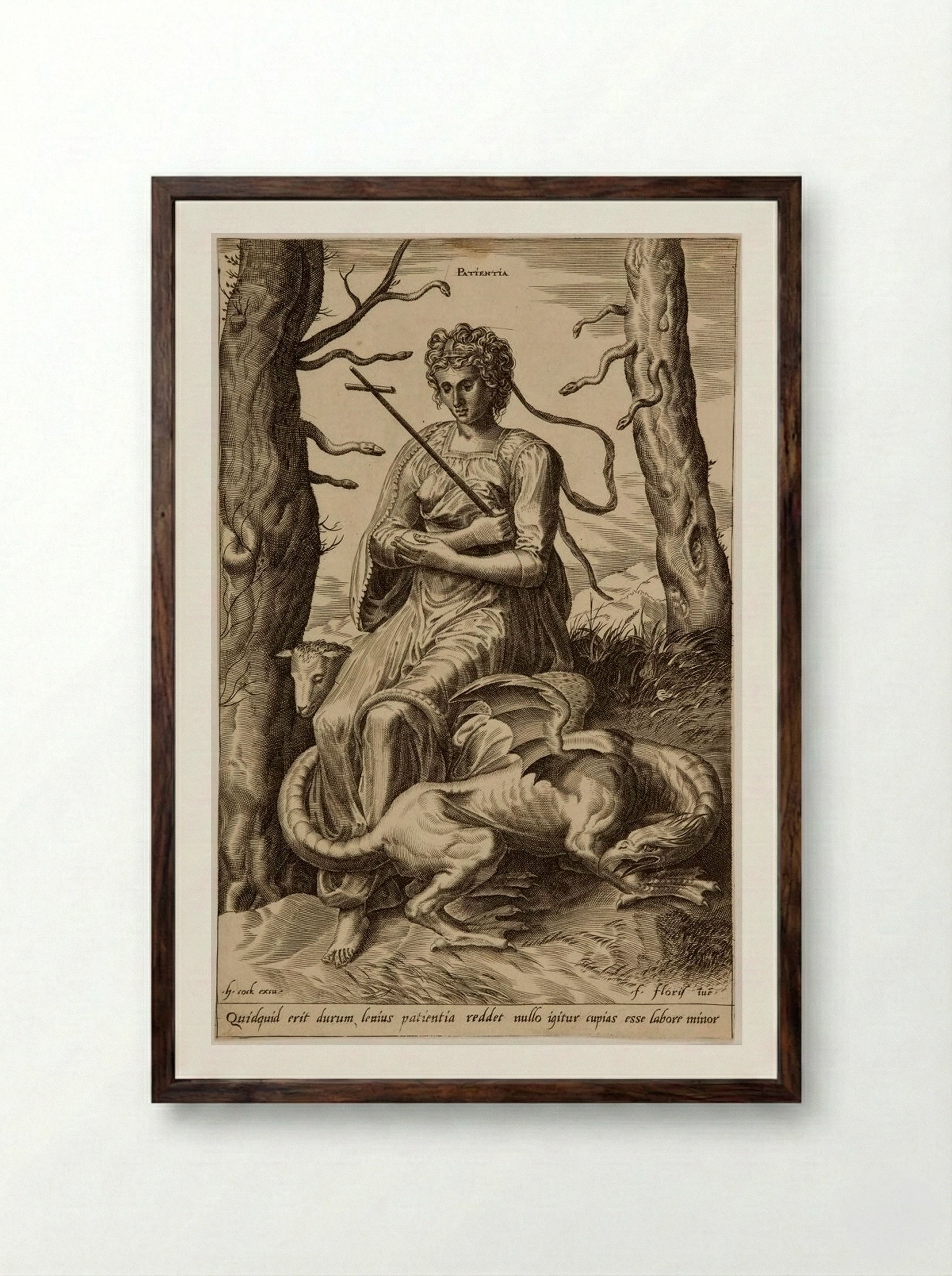 The Virtues: Patientia - Cornelis Cort - Framed Print Dark Wood