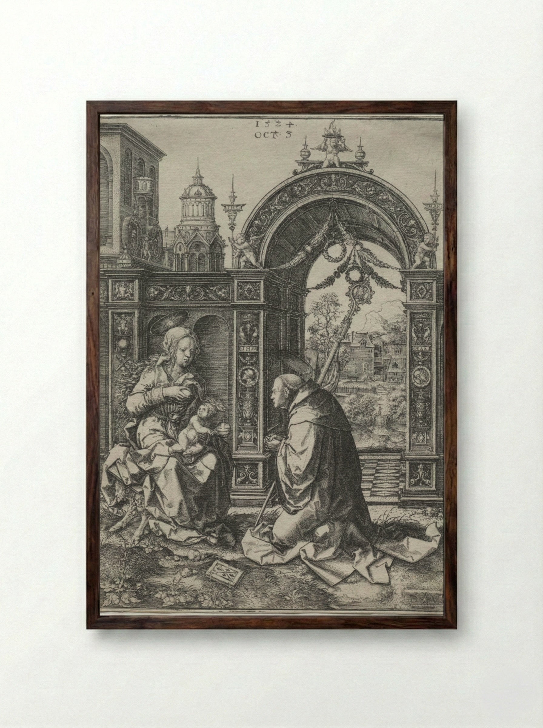 The Vision of St. Bernard - Dirk Vellert - Framed Print Dark Wood