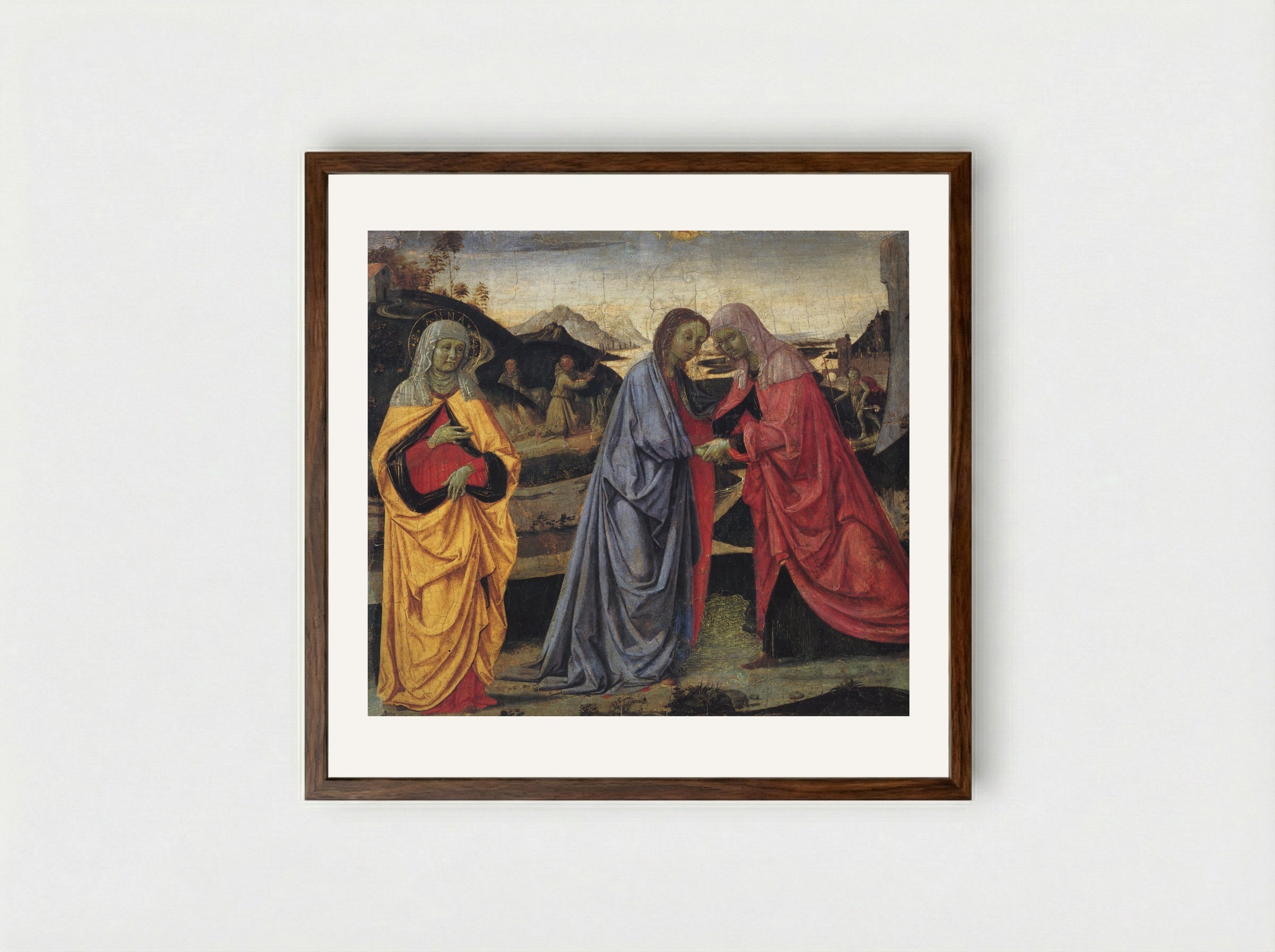 The Visitation with St. Anne and St. John the Stigmata of St. Francis - Pietro Perugino - Framed Print Dark Wood