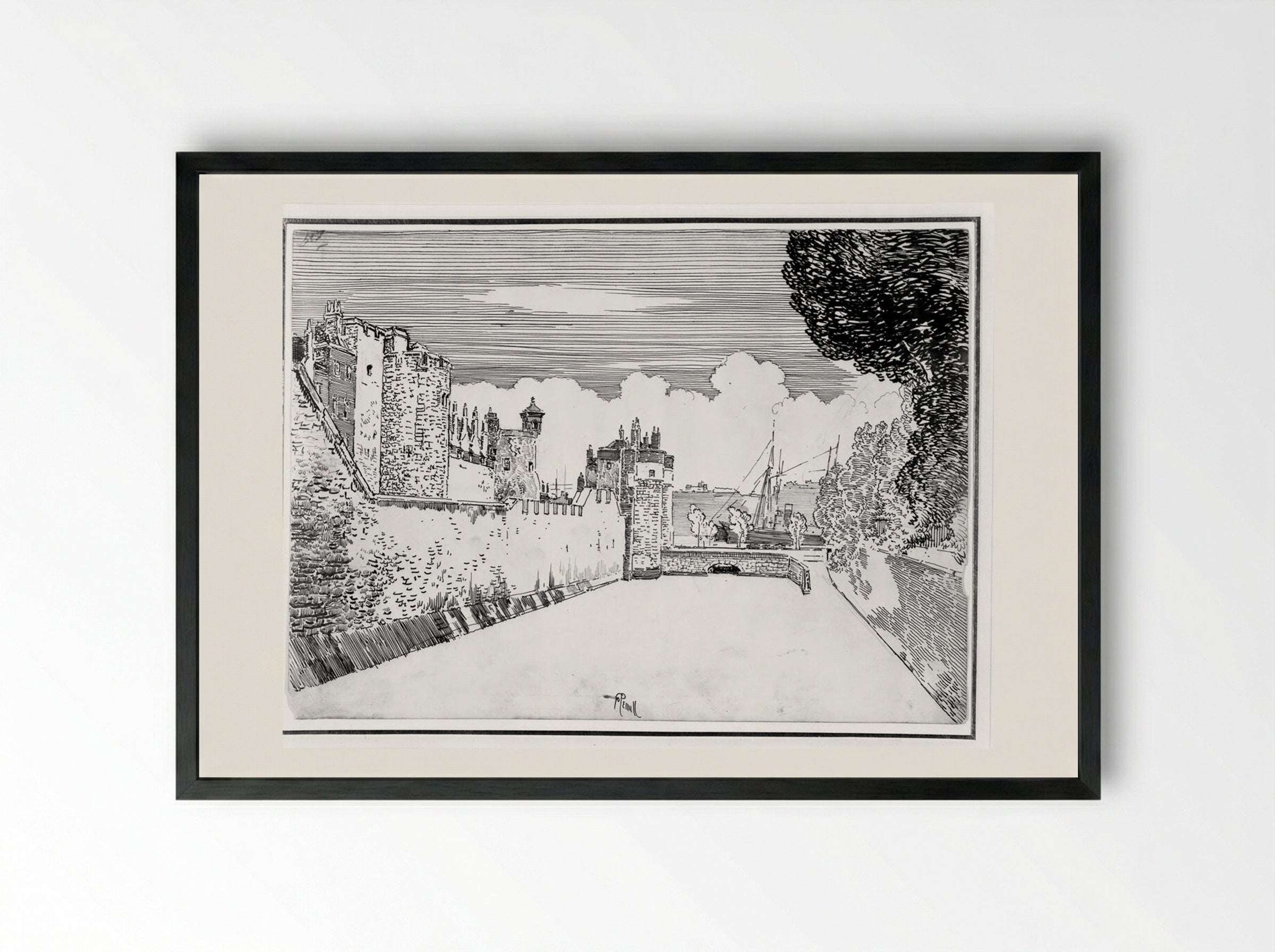 The Walls and Moat - Joseph Pennell - Framed Print Black