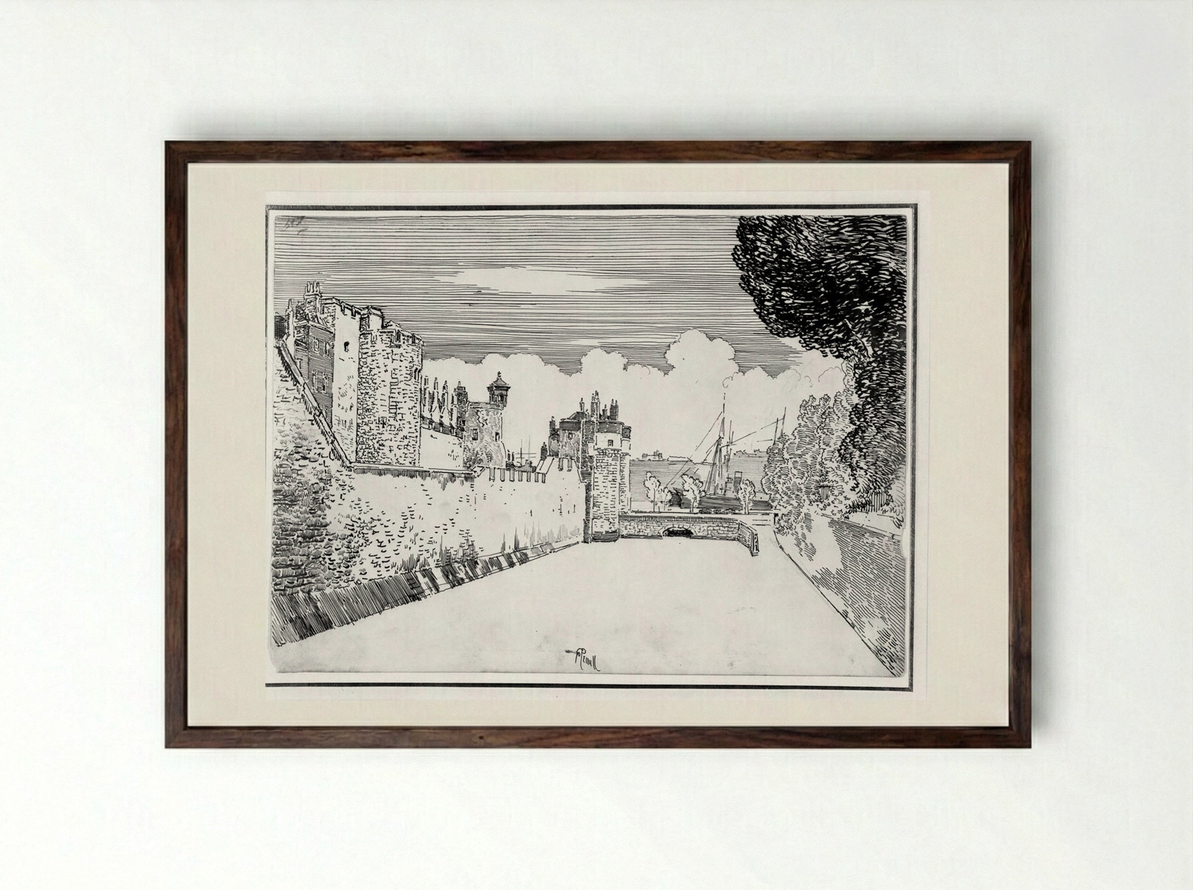 The Walls and Moat - Joseph Pennell - Framed Print Dark Wood