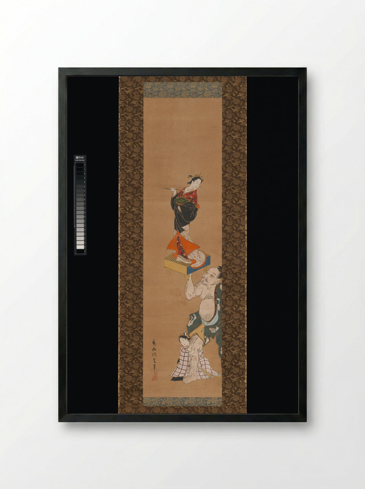 The Warrior Asahina Yoshihide Lifting a Puppet of a Courtesan on a Go Board - Torii Kiyoshige - Framed Print Black