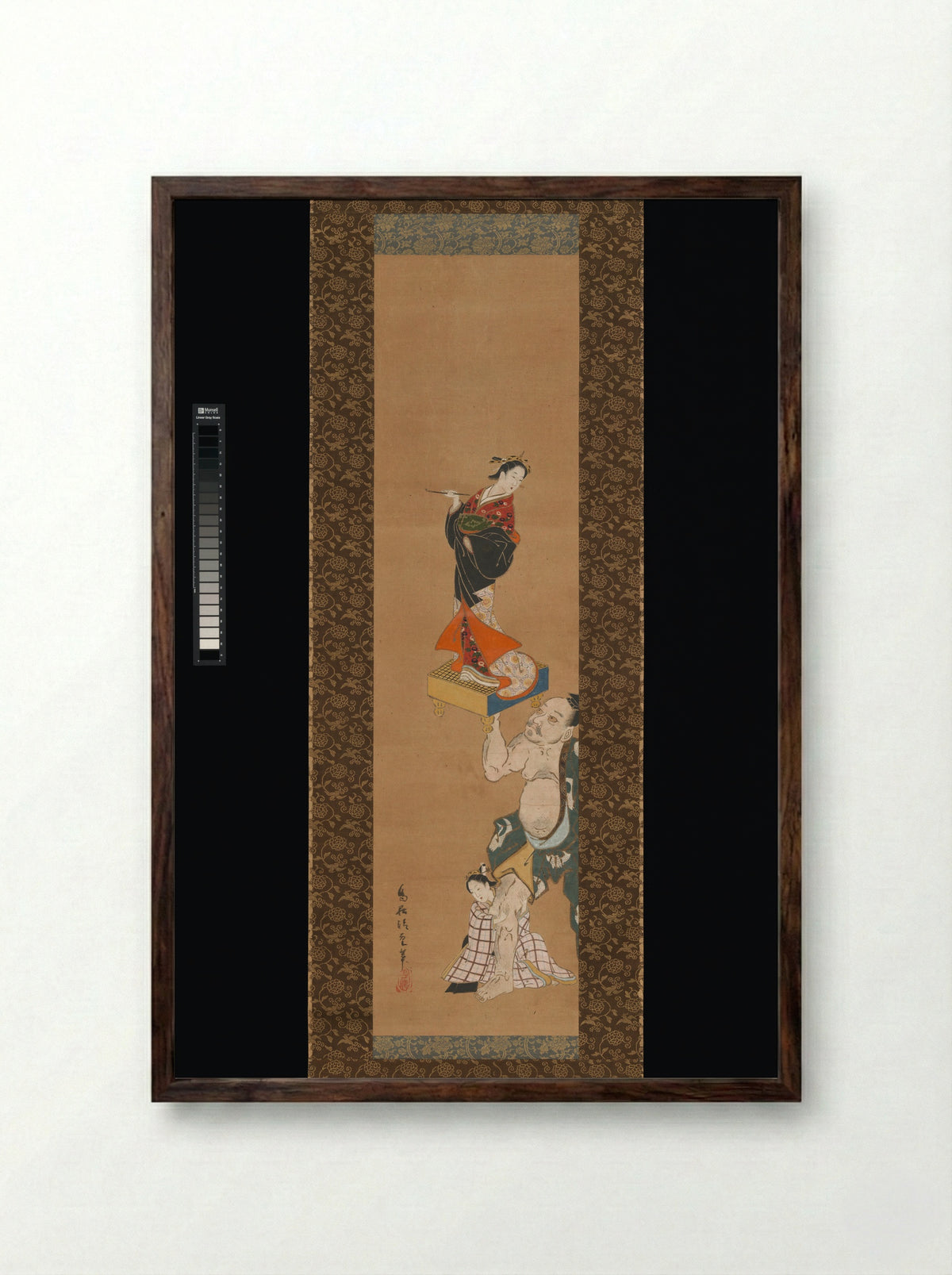 The Warrior Asahina Yoshihide Lifting a Puppet of a Courtesan on a Go Board - Torii Kiyoshige - Framed Print Dark Wood