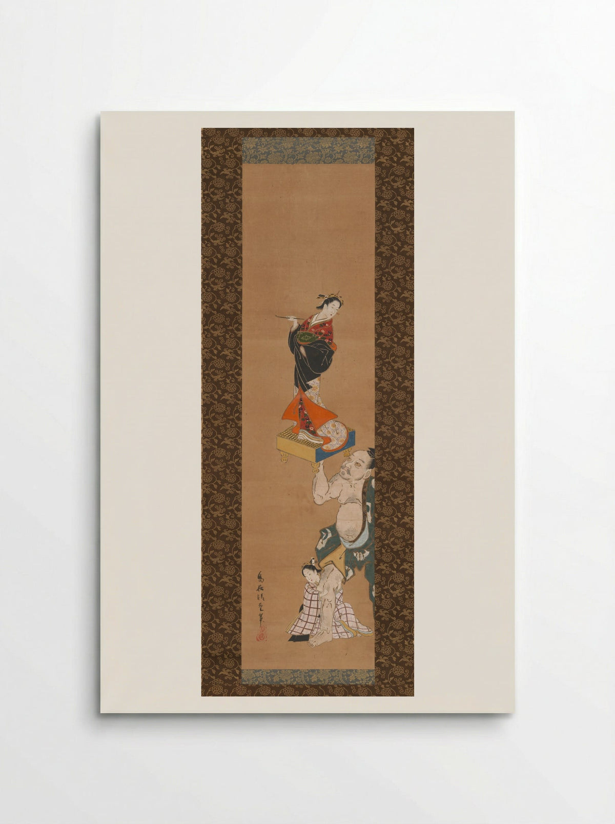 The Warrior Asahina Yoshihide Lifting a Puppet of a Courtesan on a Go Board - Torii Kiyoshige - Poster