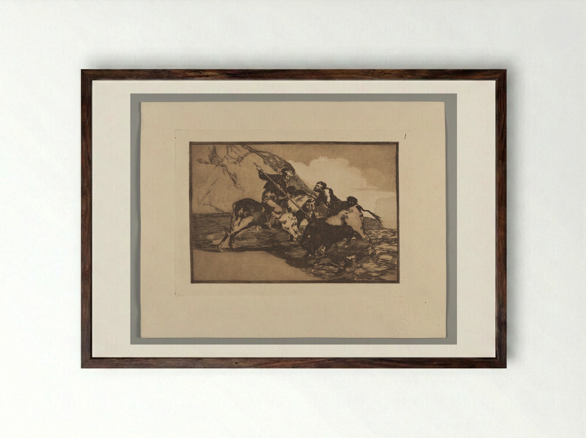 The Way in which the Ancient Spaniards Hunted Bulls on Horseback in the Open Country - Francisco José de Goya y Lucientes - Framed Print Dark Wood