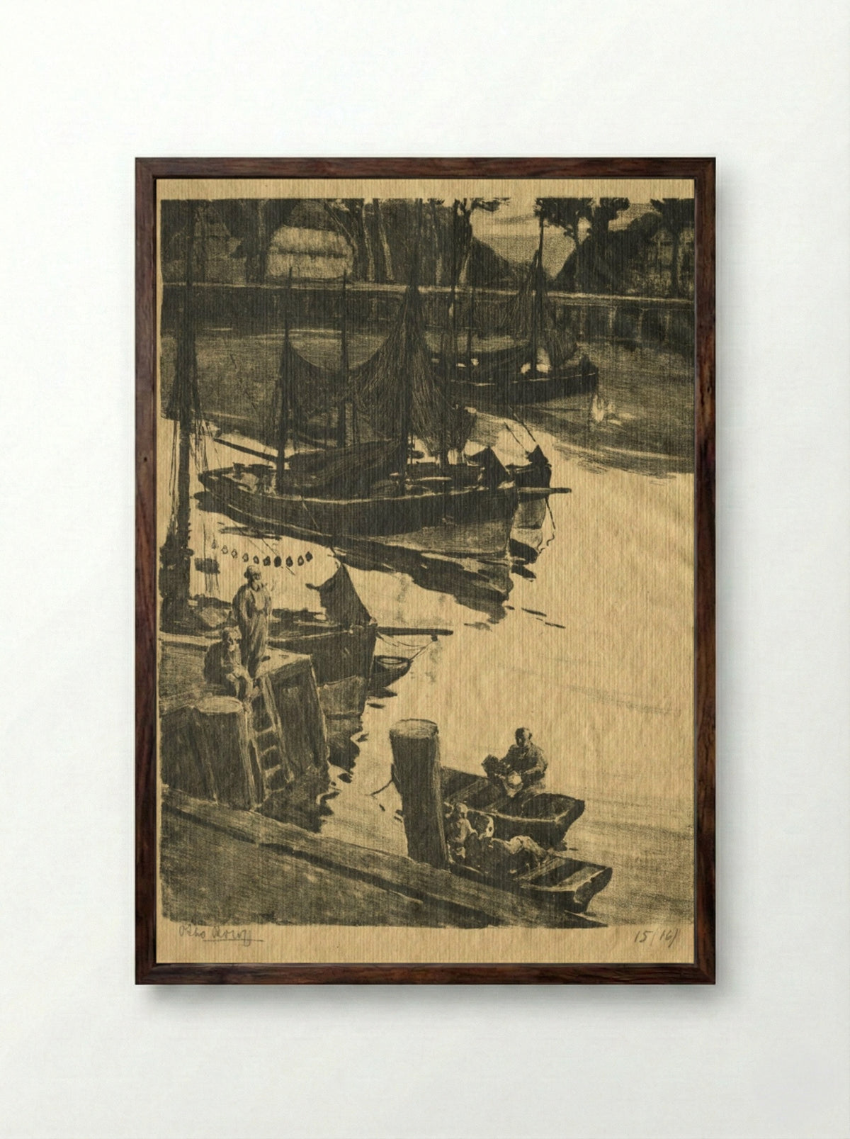 The Wharf - Willem Roelofs - Framed Print Dark Wood