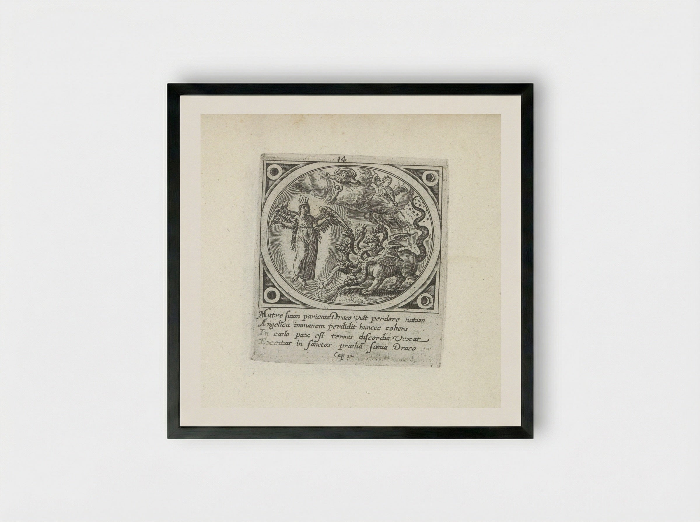 The Woman Clothed with the Sun and the Seven-Headed Dragon - Gerard de Jode - Framed Print Black