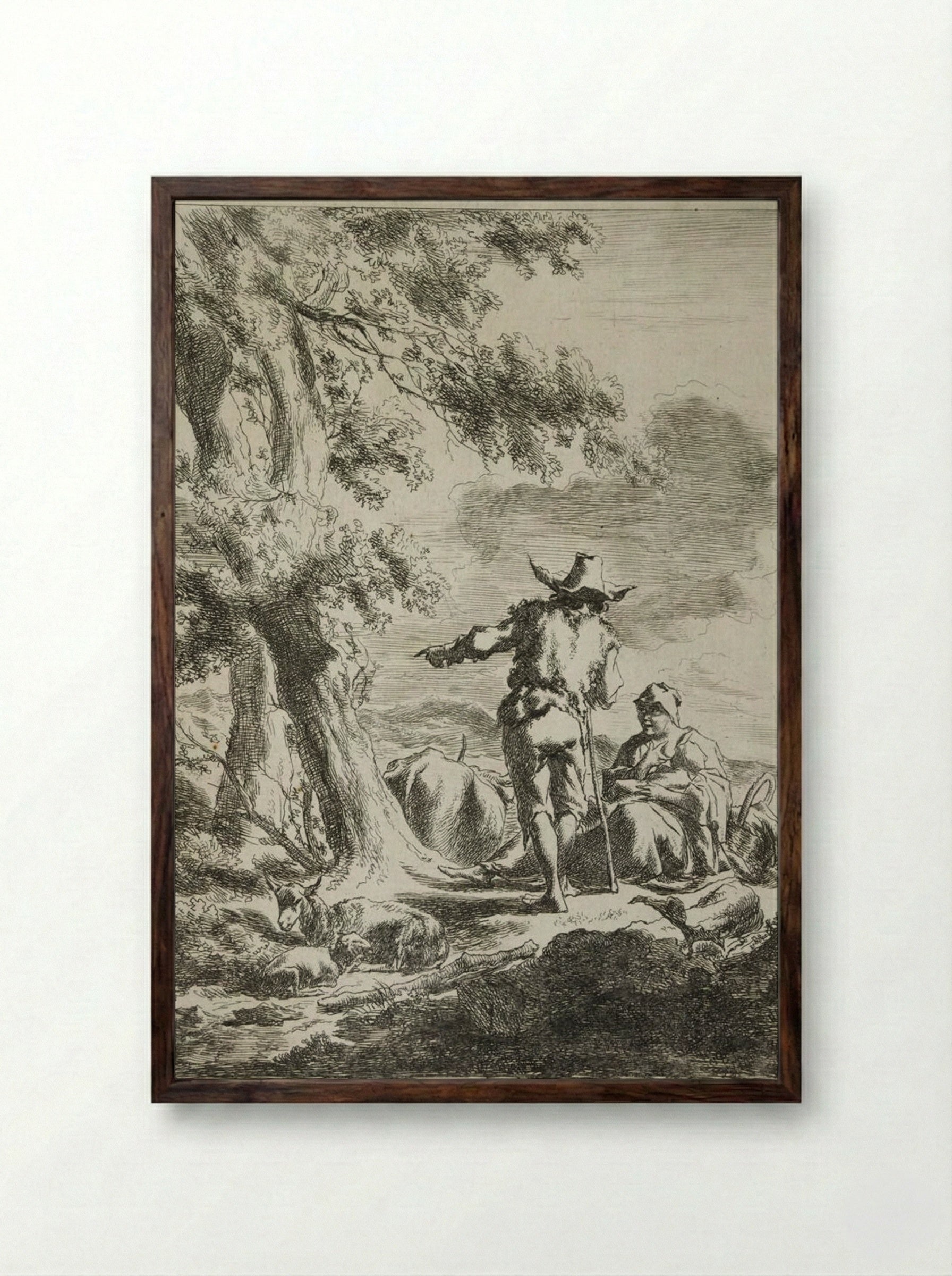 The Woman Speaking to the Shepherd - Nicolaes Berchem - Framed Print Dark Wood