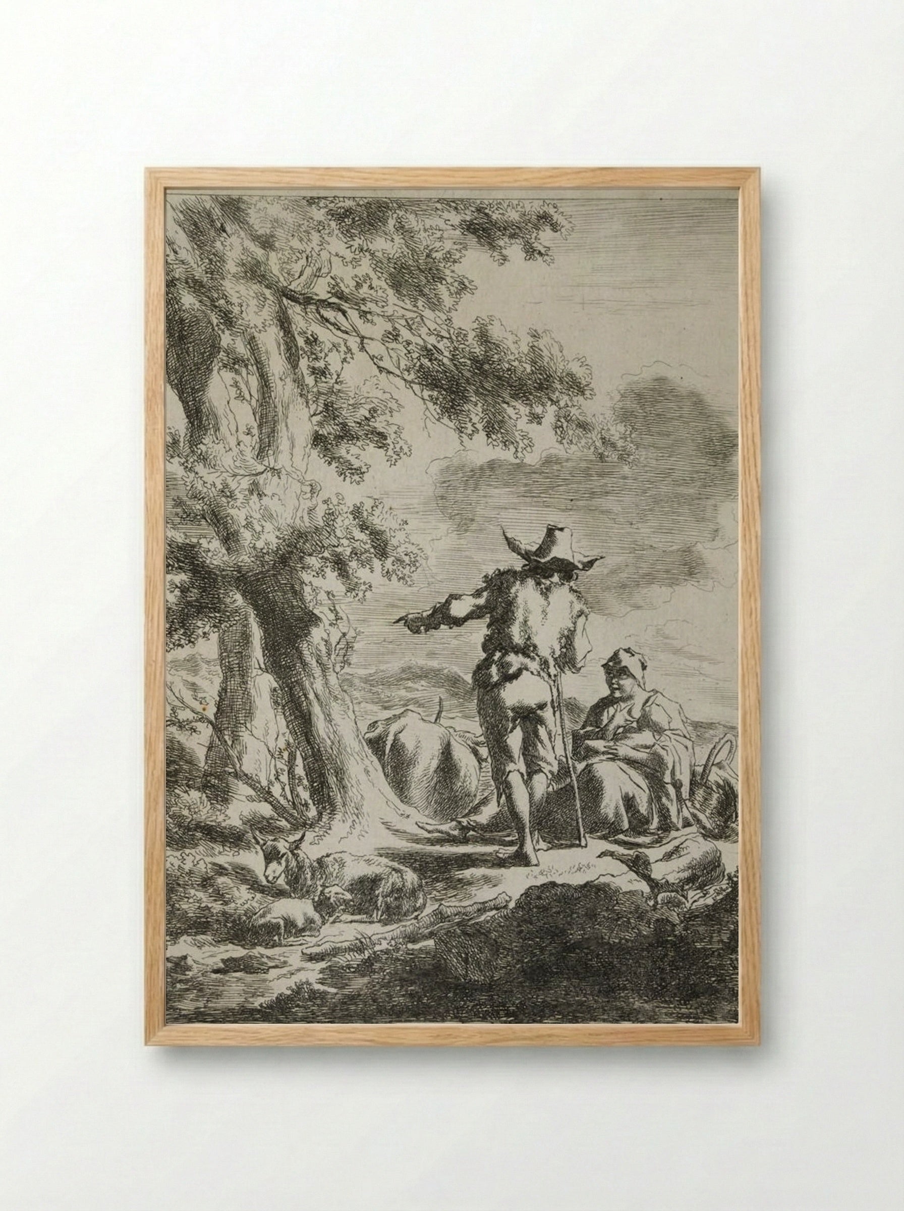 The Woman Speaking to the Shepherd - Nicolaes Berchem - Framed Print Wood