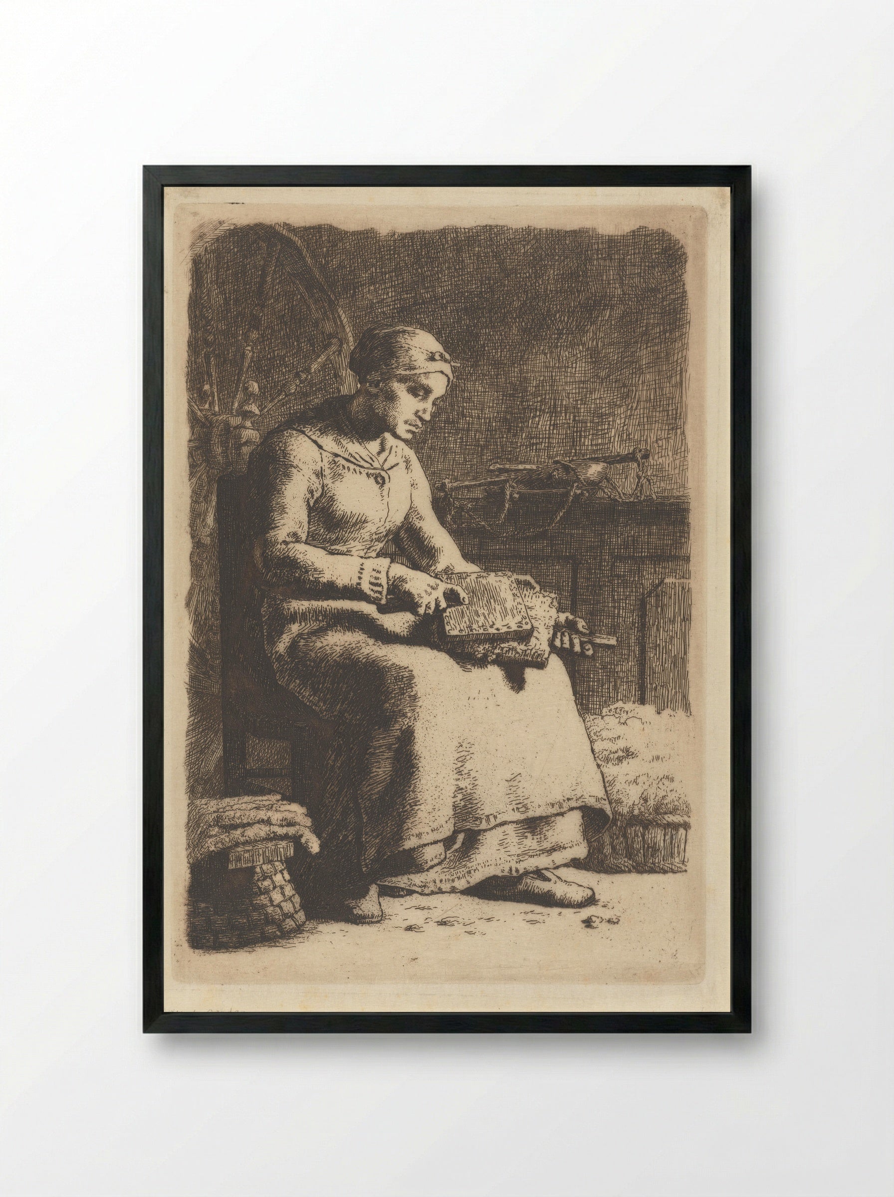 The Wool Carder - Jean-François Millet - Framed Print Black