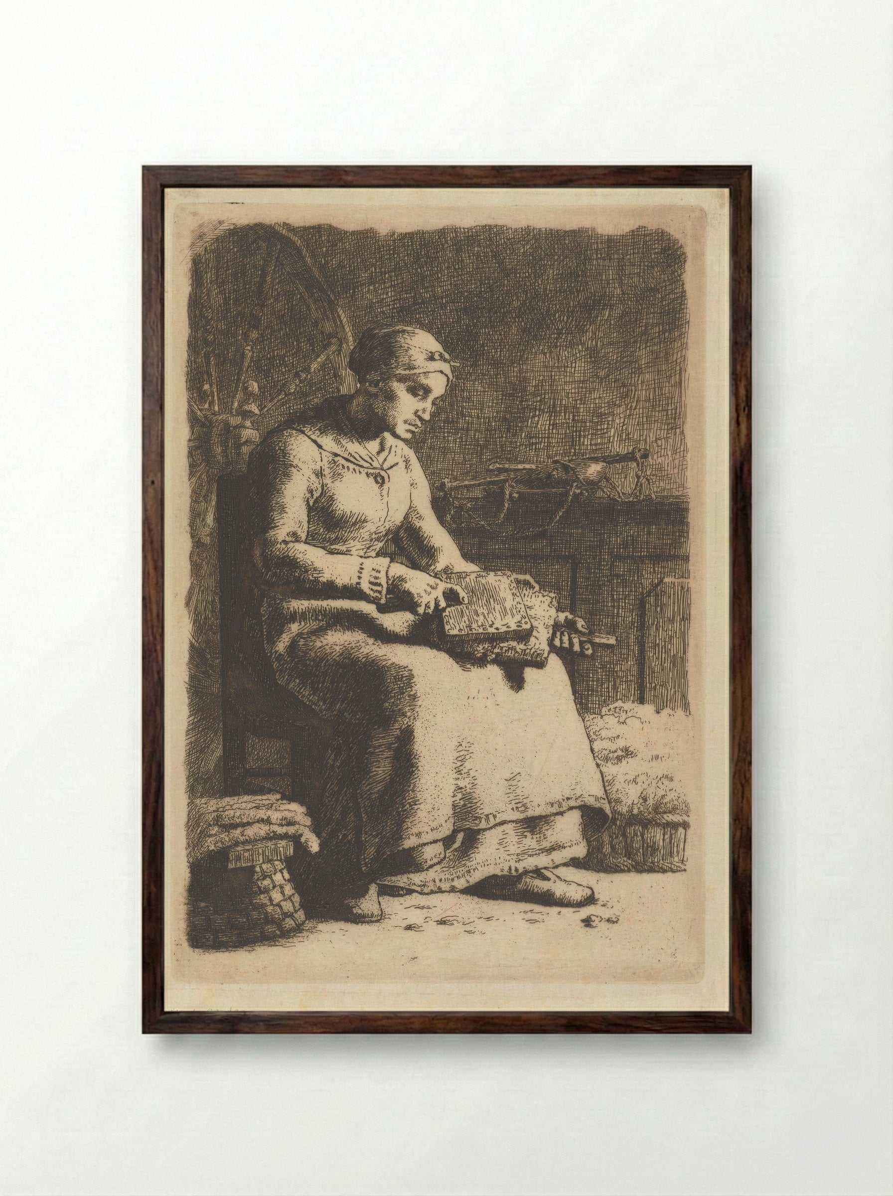 The Wool Carder - Jean-François Millet - Framed Print Dark Wood
