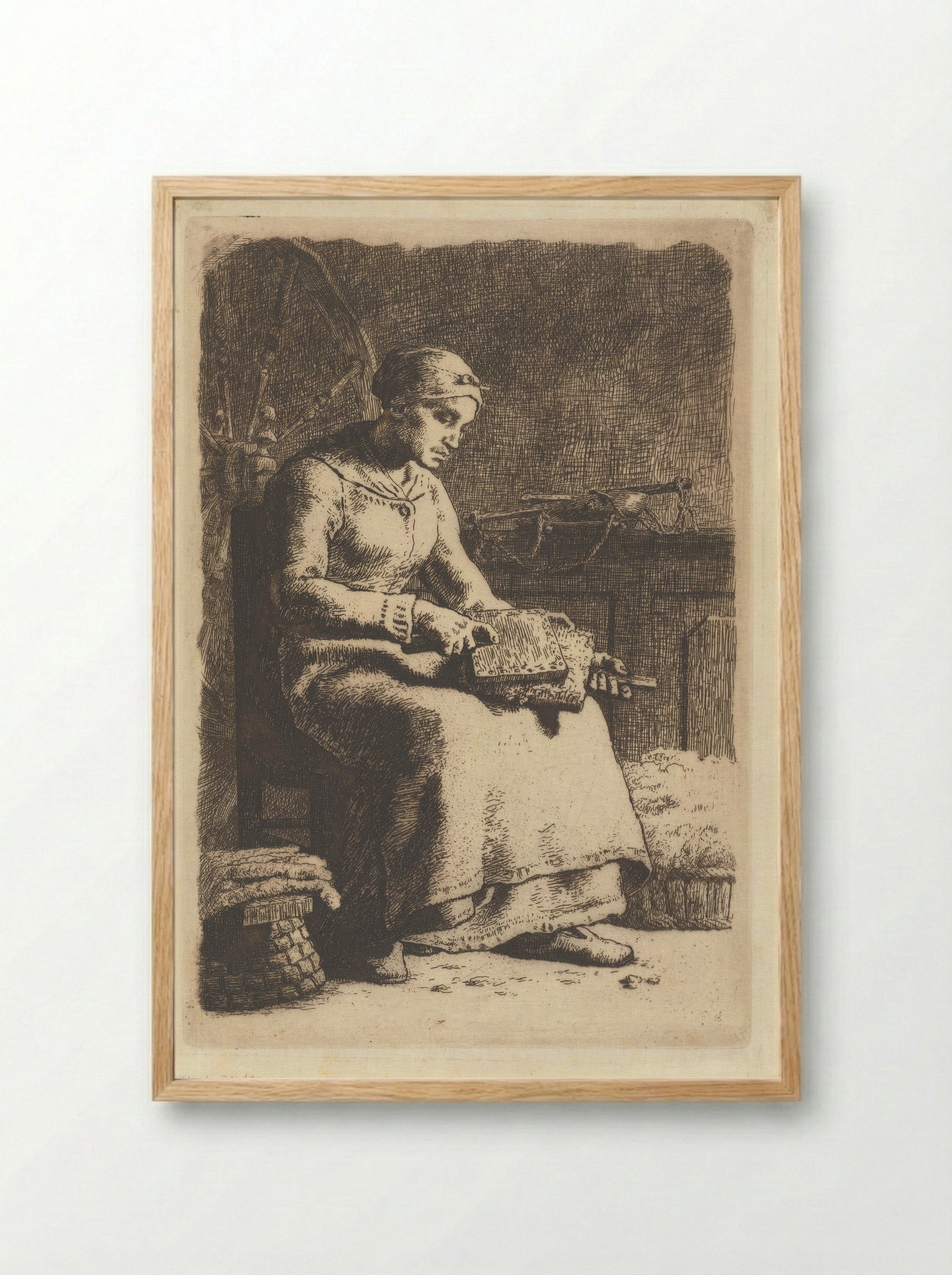 The Wool Carder - Jean-François Millet - Framed Print Wood