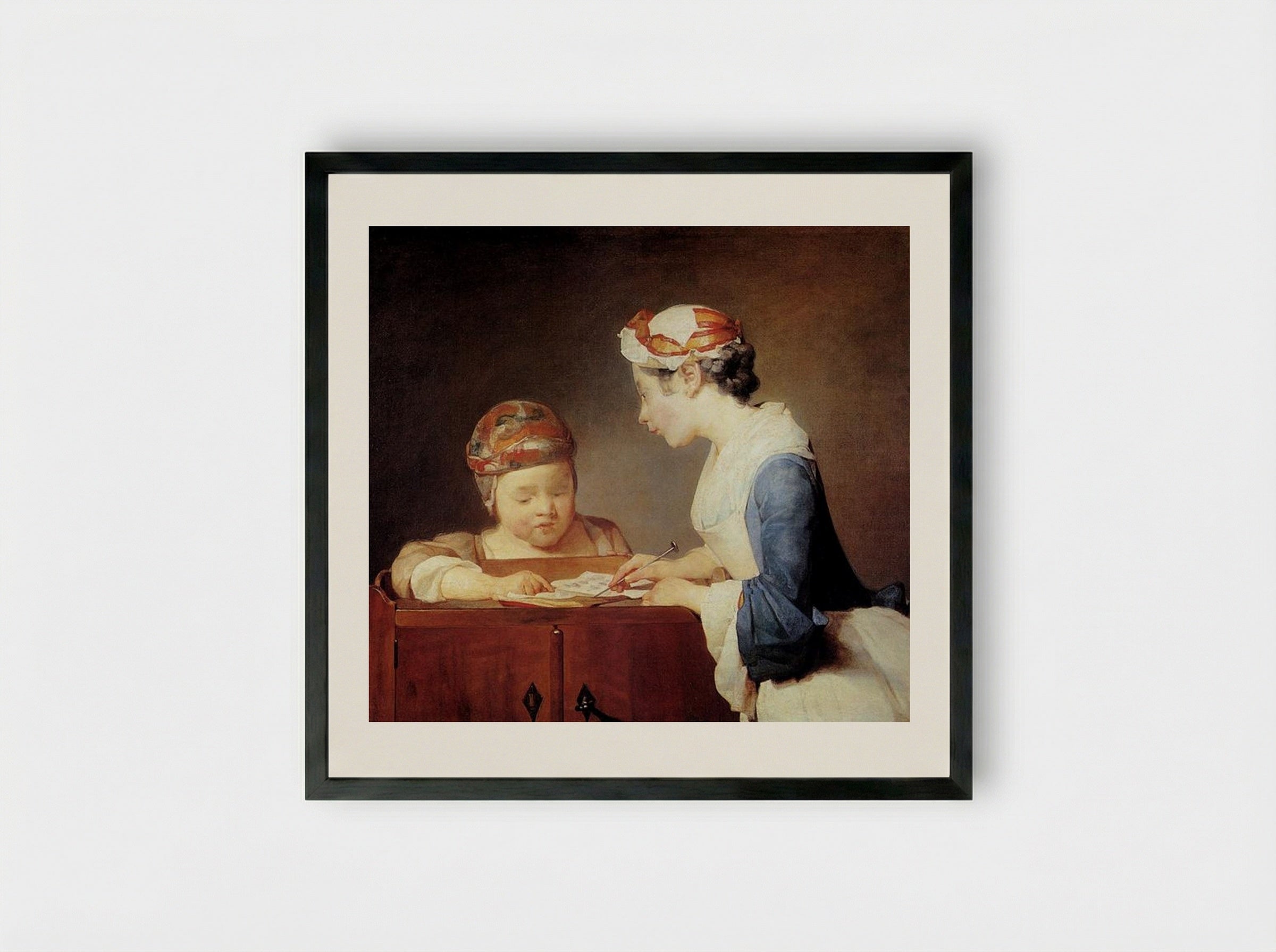 The Young Schoolmistress - Jean-Baptiste-Simeon Chardin - Framed Print Black