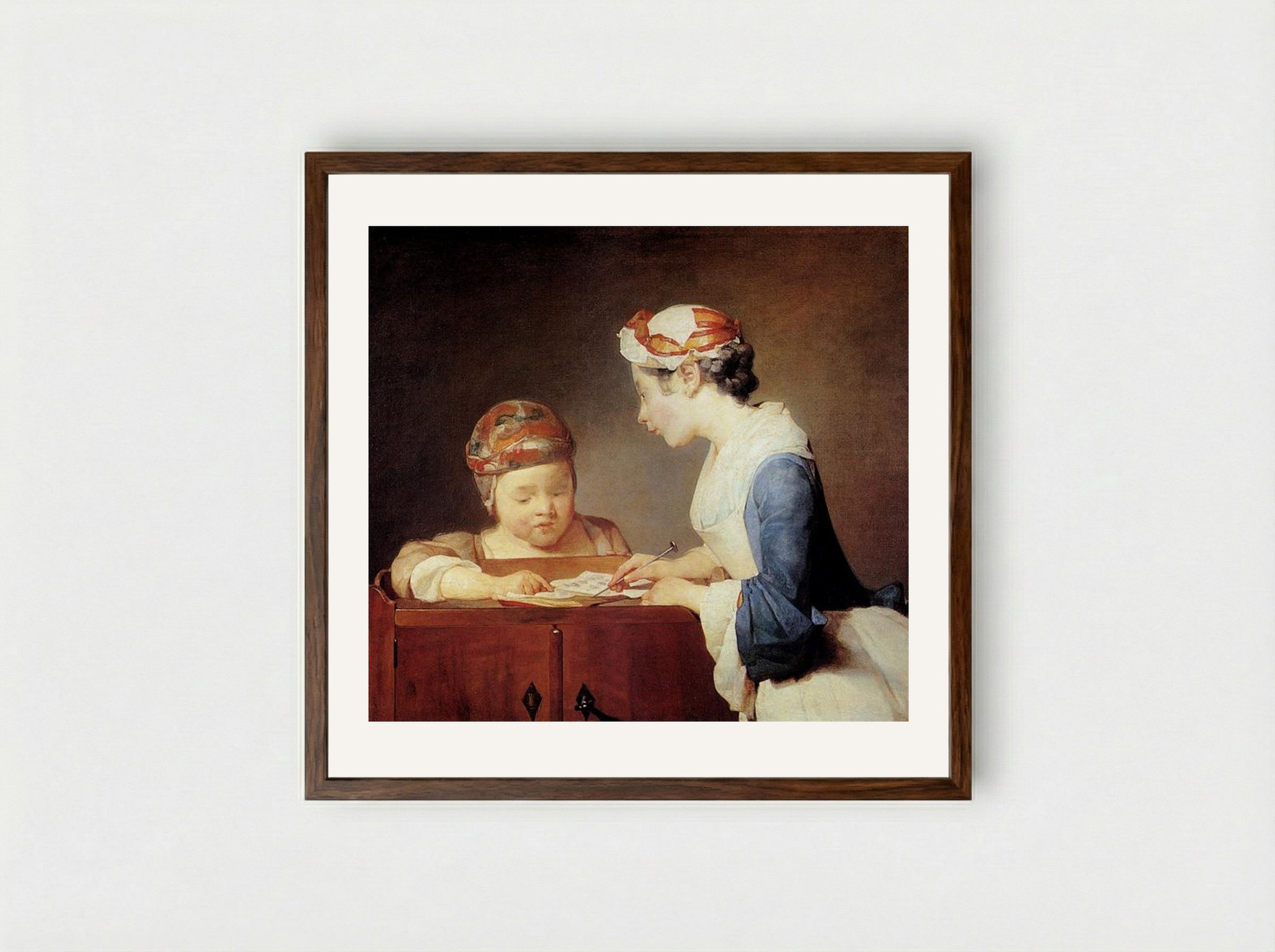The Young Schoolmistress - Jean-Baptiste-Simeon Chardin - Framed Print Dark Wood