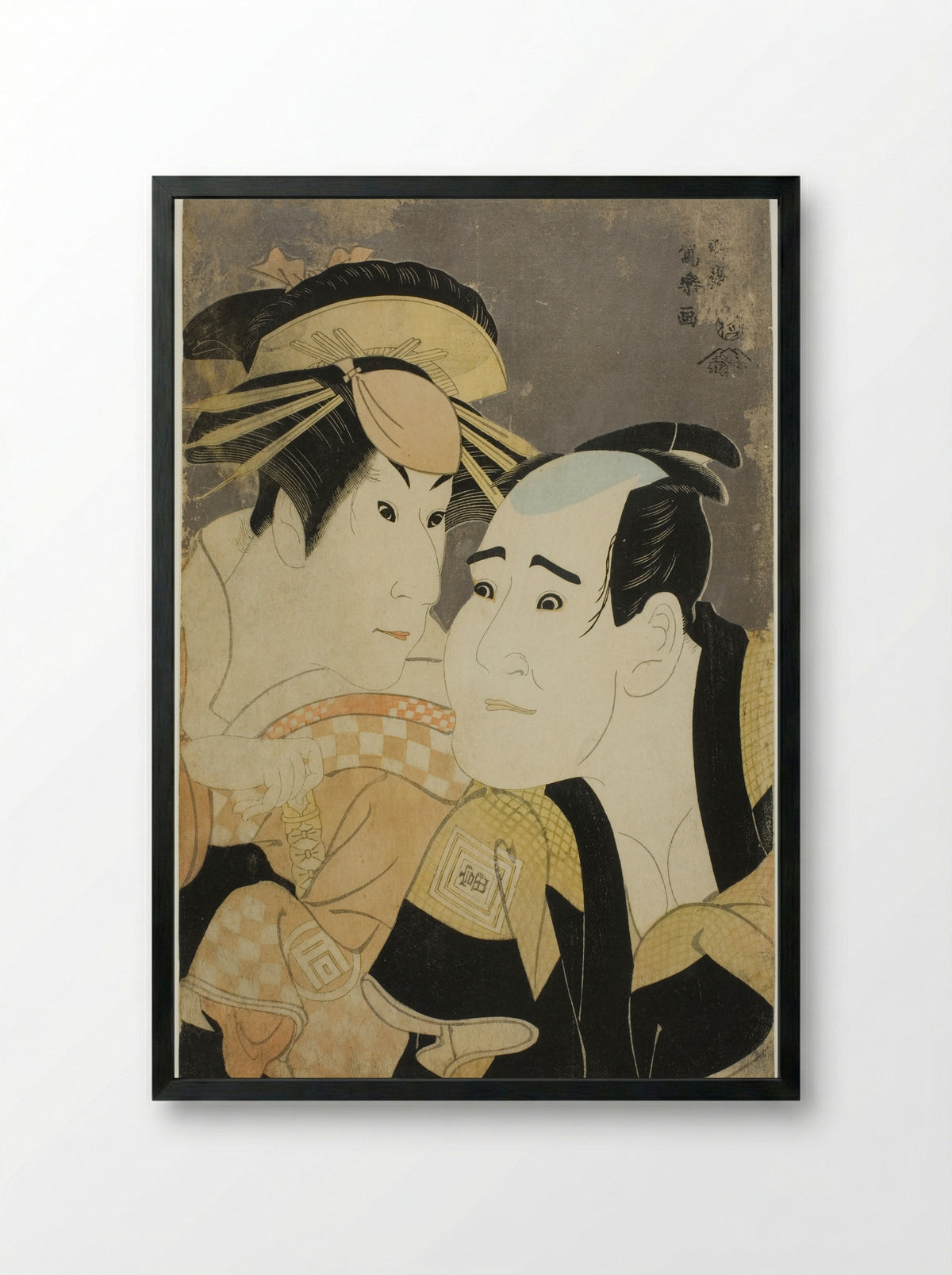 The actors Ichikawa Tomiemon as Kanisaka Toma and Sanogawa Ichimatsu III as the Gion Prostitute Onayo - Tōshūsai Sharaku - Framed Print Black