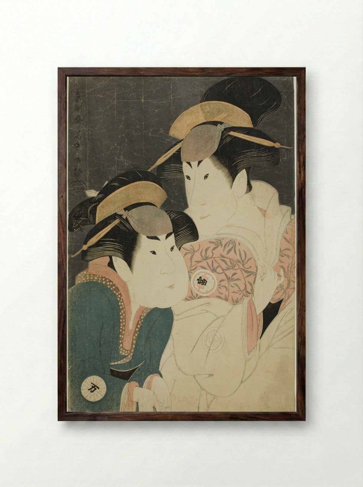 The actors Segawa Tomisaburo II as Yadorigi and Nakamura Manyo as the servant Wakakusa - Tōshūsai Sharaku - Framed Print Dark Wood