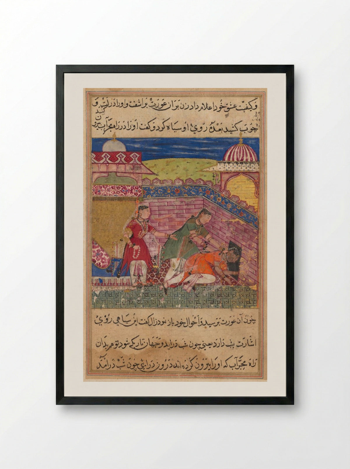 The deceitful wife ejects the procuress after blackening her face - Shravana - Framed Print Black