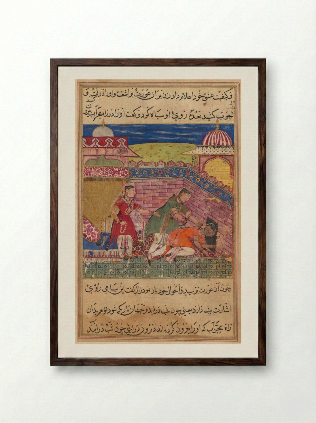 The deceitful wife ejects the procuress after blackening her face - Shravana - Framed Print Dark Wood