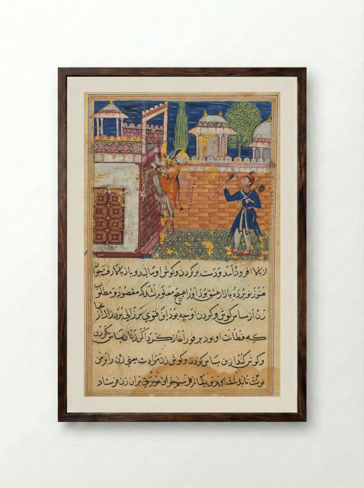 The deceitful wife returns to her terrace after caressing her lover - Shravana - Framed Print Dark Wood