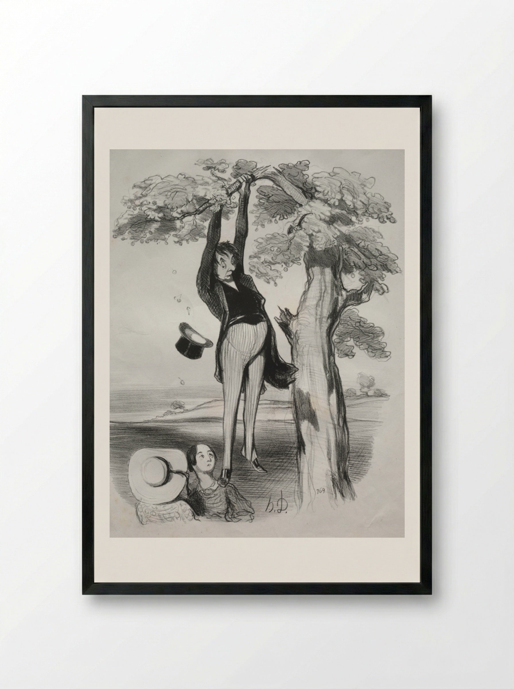 The hazards of shaking a plum tree too vigorously, when one too is mature - Honoré Daumier - Framed Print Black