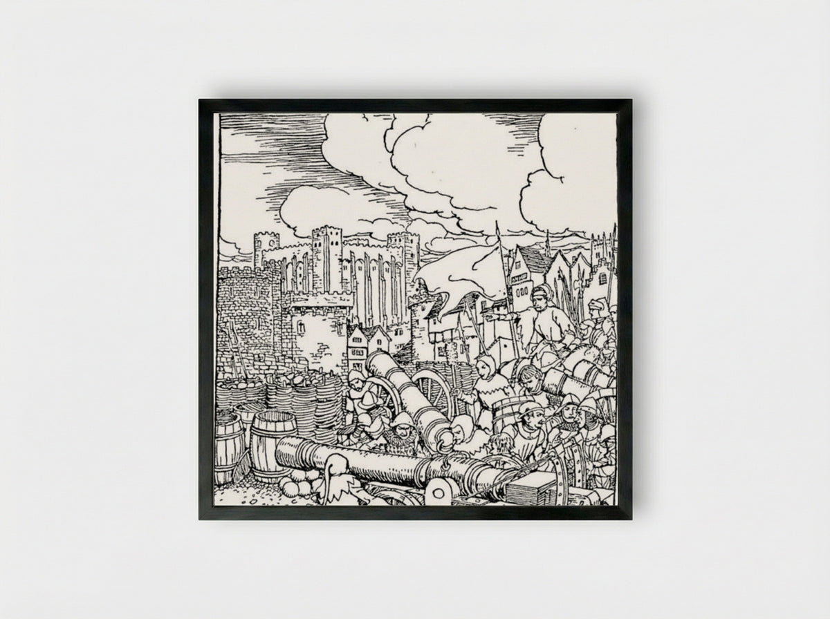 The king's troops lay siege to Lancelot's castle - Arthur Rackham - Framed Print Black