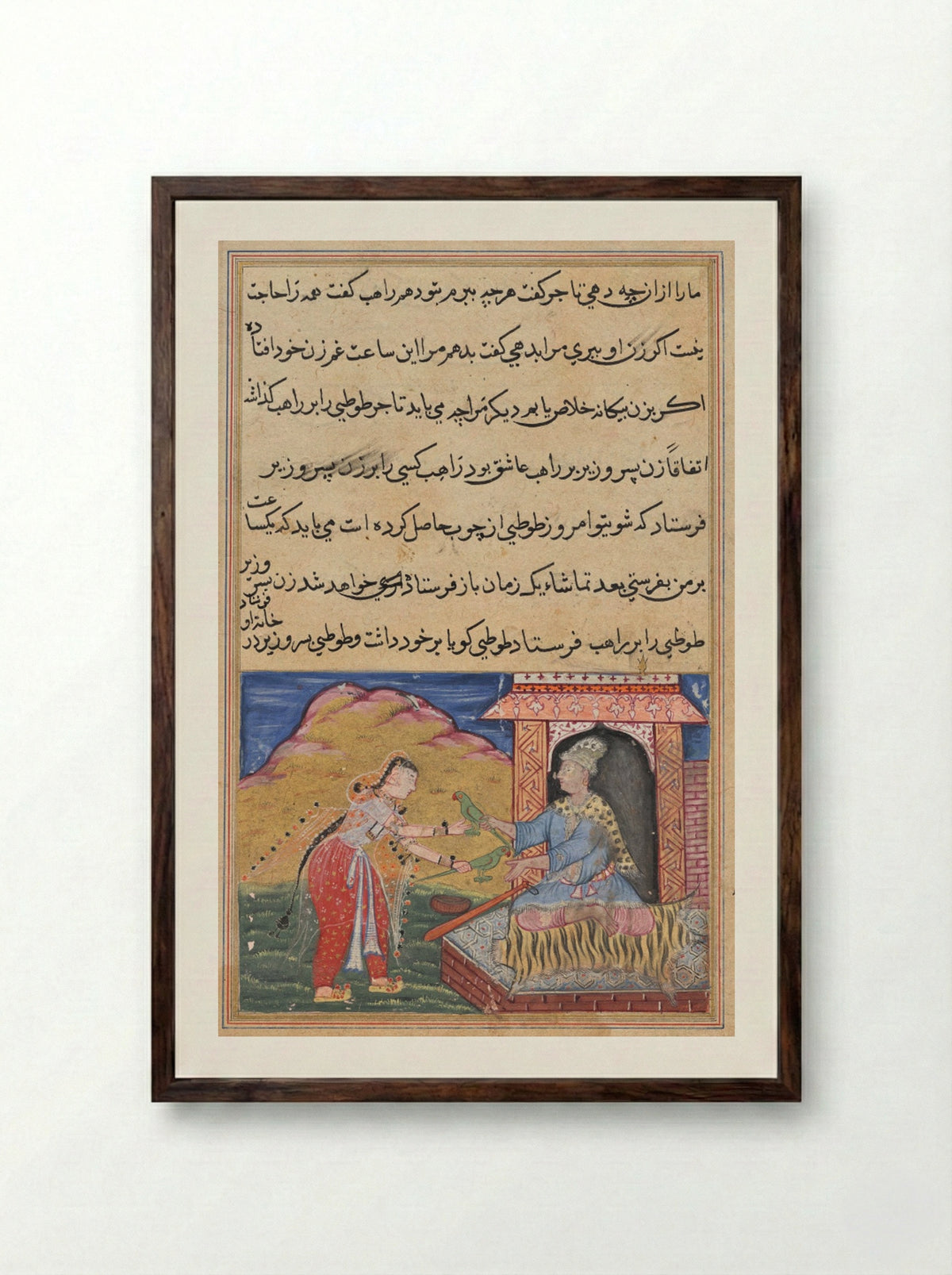 The wife of the son of the vizier brings the magic wooden parrot to her lover, the monk - Lalu - Framed Print Dark Wood