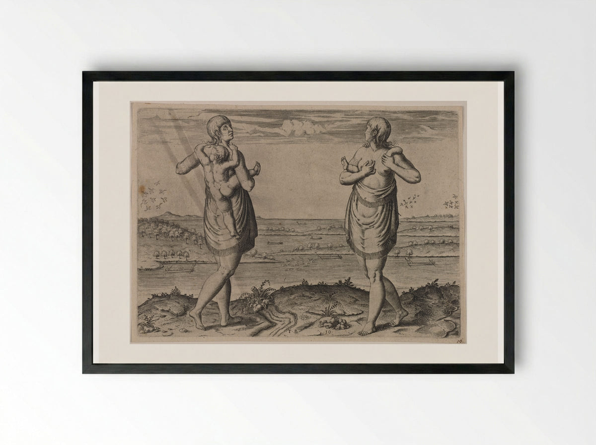 Their Manner of Carrying their Children - Theodor de Bry - Framed Print Black