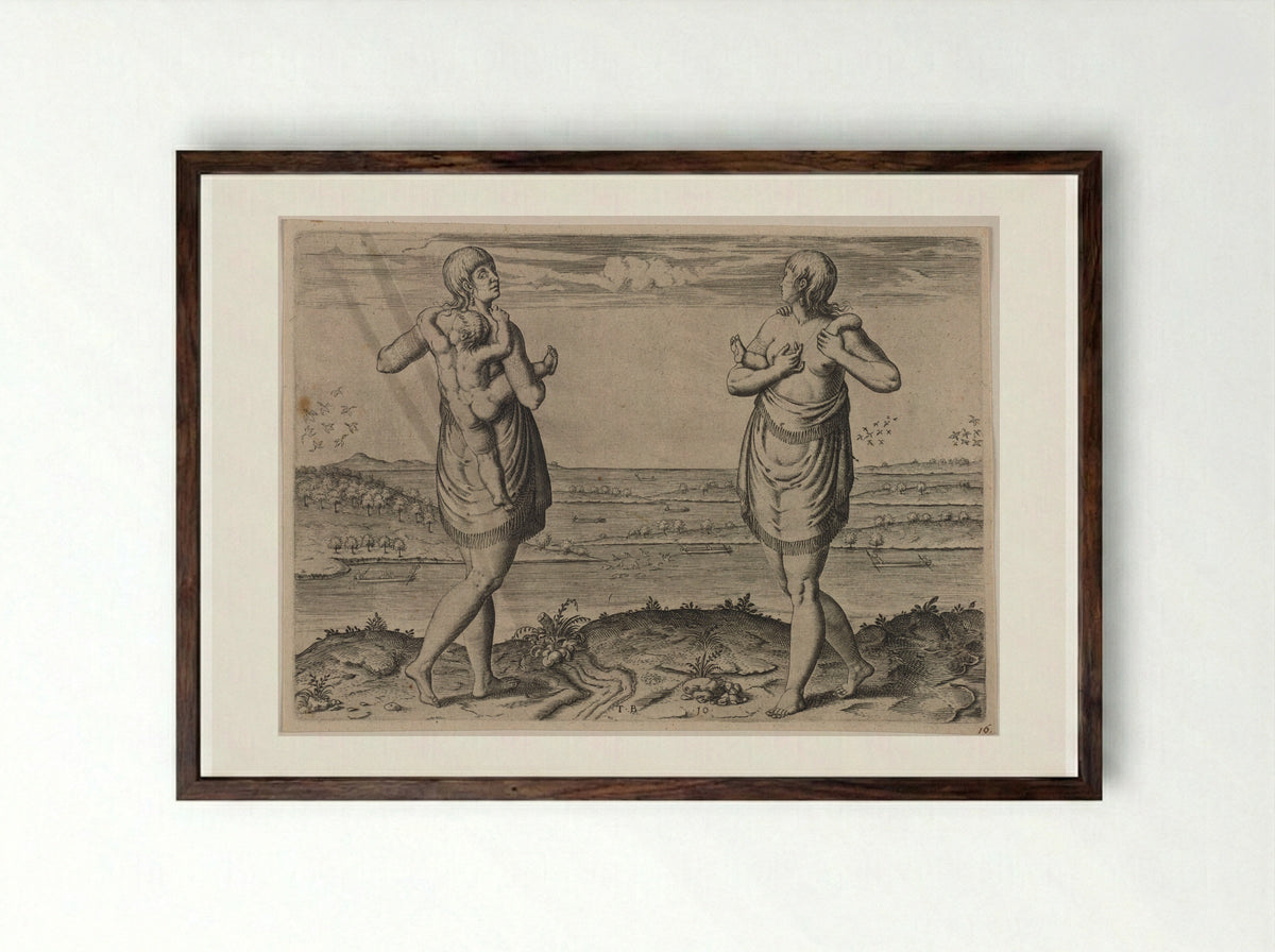 Their Manner of Carrying their Children - Theodor de Bry - Framed Print Dark Wood