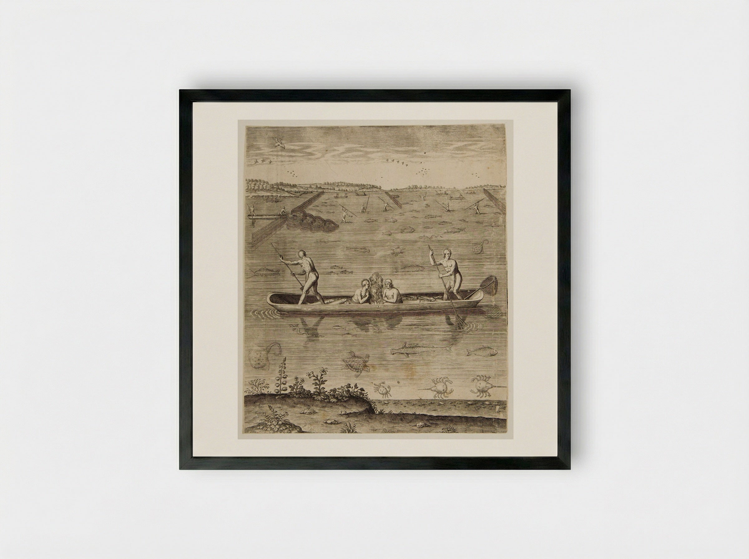 Their Manner of Fishing in Virginia - Theodor de Bry - Framed Print Black
