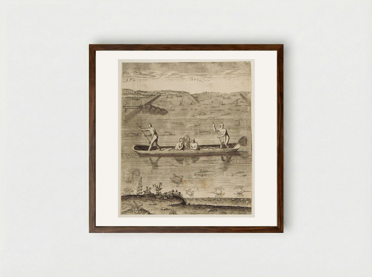 Their Manner of Fishing in Virginia - Theodor de Bry - Framed Print Dark Wood