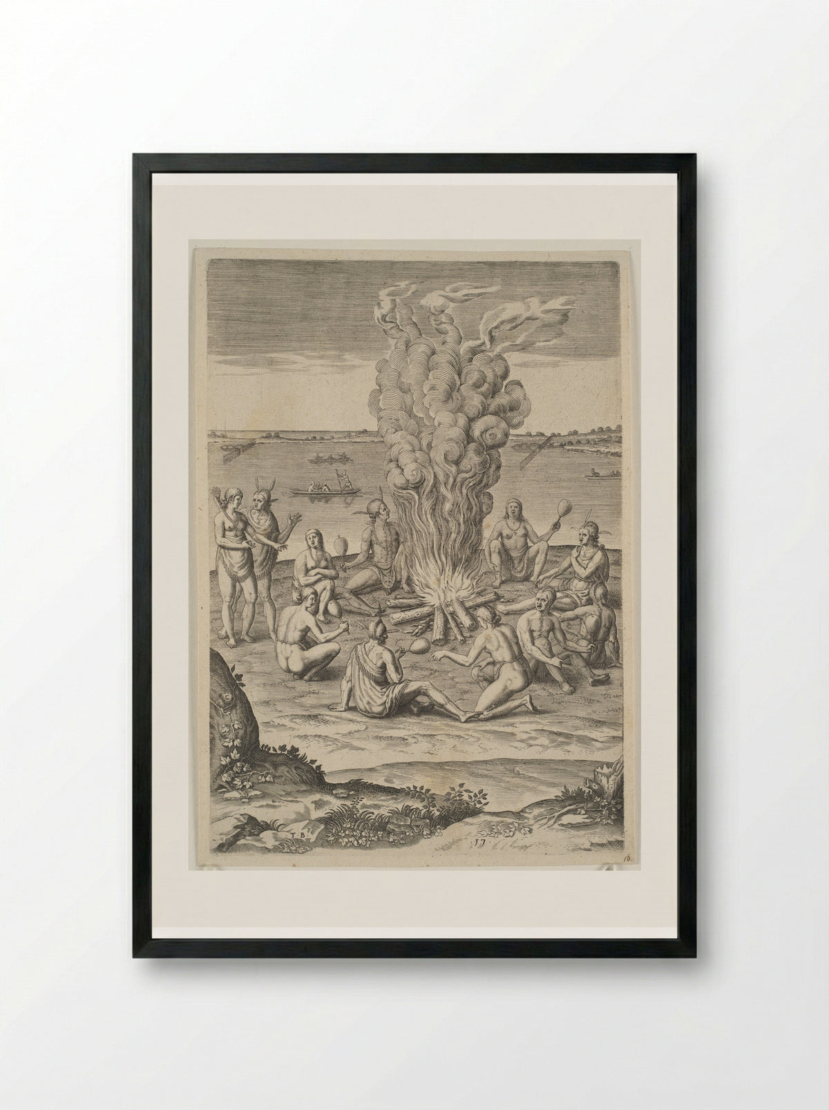 Their Manner of Praying with Rattles about the Fire - Theodor de Bry - Framed Print Black