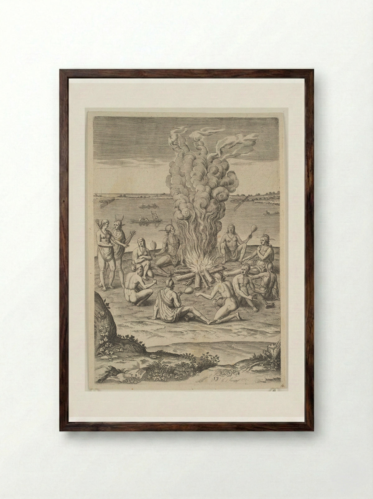 Their Manner of Praying with Rattles about the Fire - Theodor de Bry - Framed Print Dark Wood