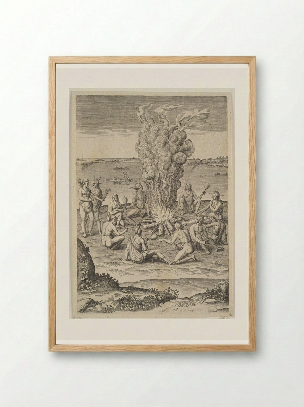 Their Manner of Praying with Rattles about the Fire - Theodor de Bry - Framed Print Wood
