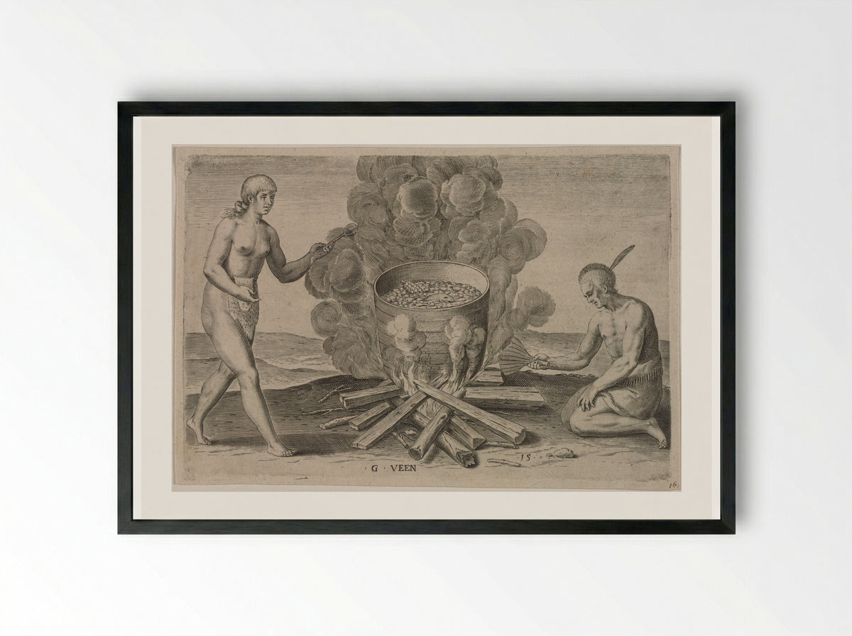 Their Seething of their Meat in Earthen Pots - Theodor de Bry - Framed Print Black