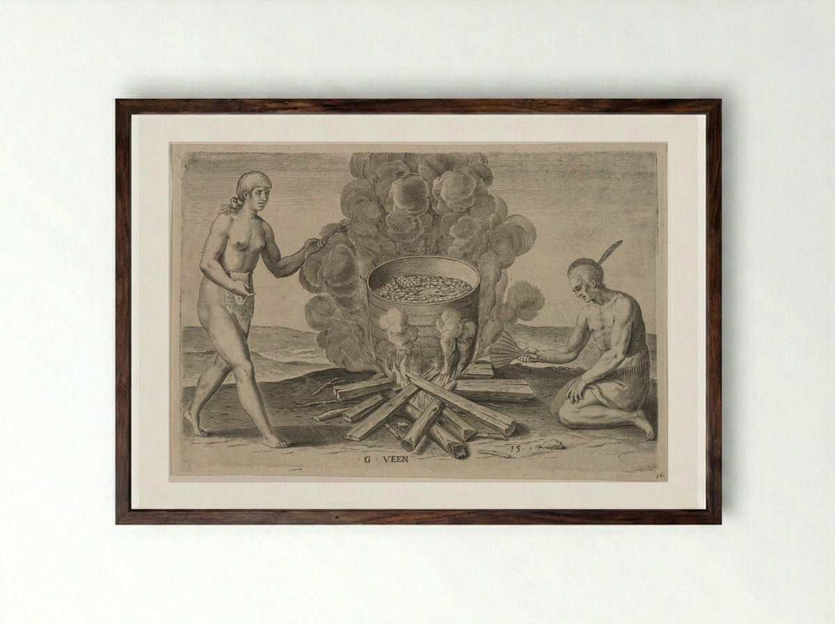 Their Seething of their Meat in Earthen Pots - Theodor de Bry - Framed Print Dark Wood