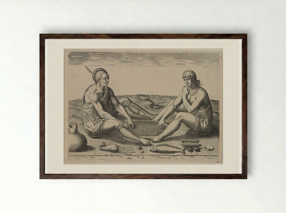 Their Sitting at Meat - Theodor de Bry - Framed Print Dark Wood
