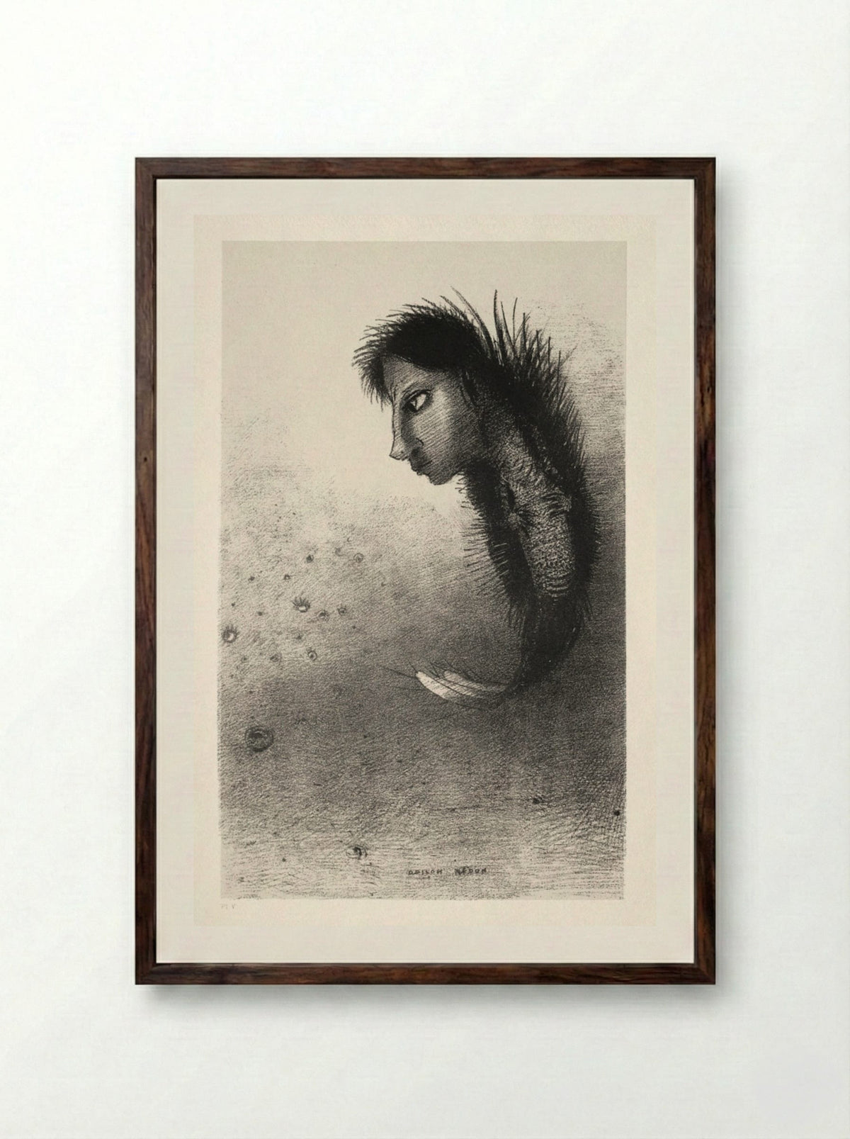 Then There Appears a Singular Being, Having the Head of a Man on the Body of a Fish - Odilon Redon - Framed Print Dark Wood